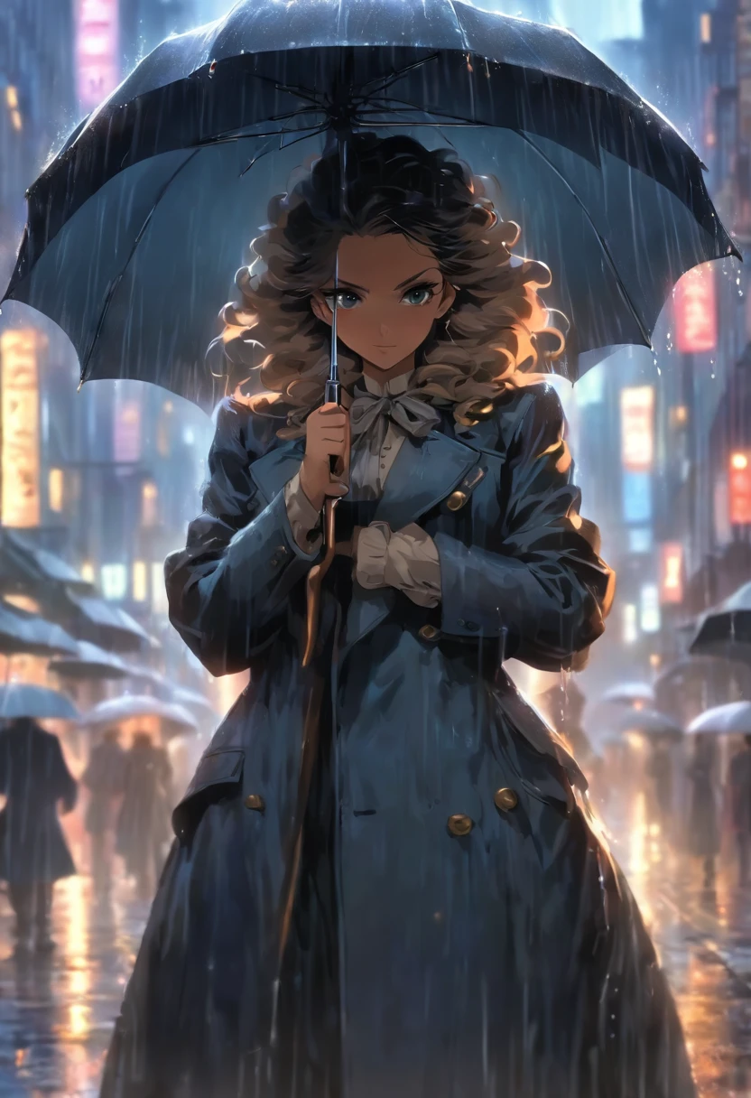 (((Woman in the rain))) Best quality, very high resolution, 4K detailed CG, Masterpiece, woman, rain, Aesthetics, Beautiful image, Screen-centric, full bodyesbian,Araved woman in a trench coat standing on a city street, woman is in a trenchcoat, wearing 1850s era clothes, victorian inspired clothing, Victorian clothes, victorian style costume, wearing victorian clothes, dressed like in the 1940s, Victorian English style, trench coat and suit, wearing 1850s era clothes,Holding an umbrella in his right hand