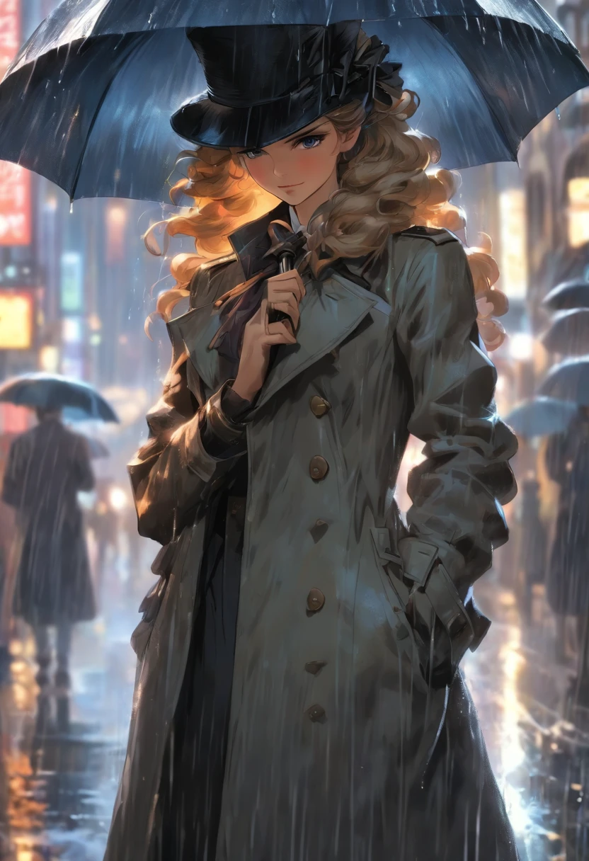 (((Woman in the rain))) Best quality, very high resolution, 4K detailed CG, Masterpiece, woman, rain, Aesthetics, Beautiful image, Screen-centric, full bodyesbian,Araved woman in a trench coat standing on a city street, woman is in a trenchcoat, wearing 1850s era clothes, victorian inspired clothing, Victorian clothes, victorian style costume, wearing victorian clothes, dressed like in the 1940s, Victorian English style, trench coat and suit, wearing 1850s era clothes,Holding an umbrella in his right hand