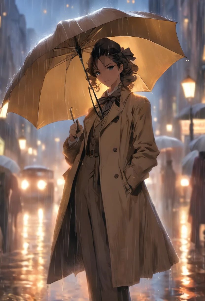 (((Woman in the rain))) Best quality, very high resolution, 4K detailed CG, Masterpiece, woman, rain, Aesthetics, Beautiful image, Screen-centric, full bodyesbian,Araved woman in a trench coat standing on a city street, woman is in a trenchcoat, wearing 1850s era clothes, victorian inspired clothing, Victorian clothes, victorian style costume, wearing victorian clothes, dressed like in the 1940s, Victorian English style, trench coat and suit, wearing 1850s era clothes,Holding an umbrella in his right hand