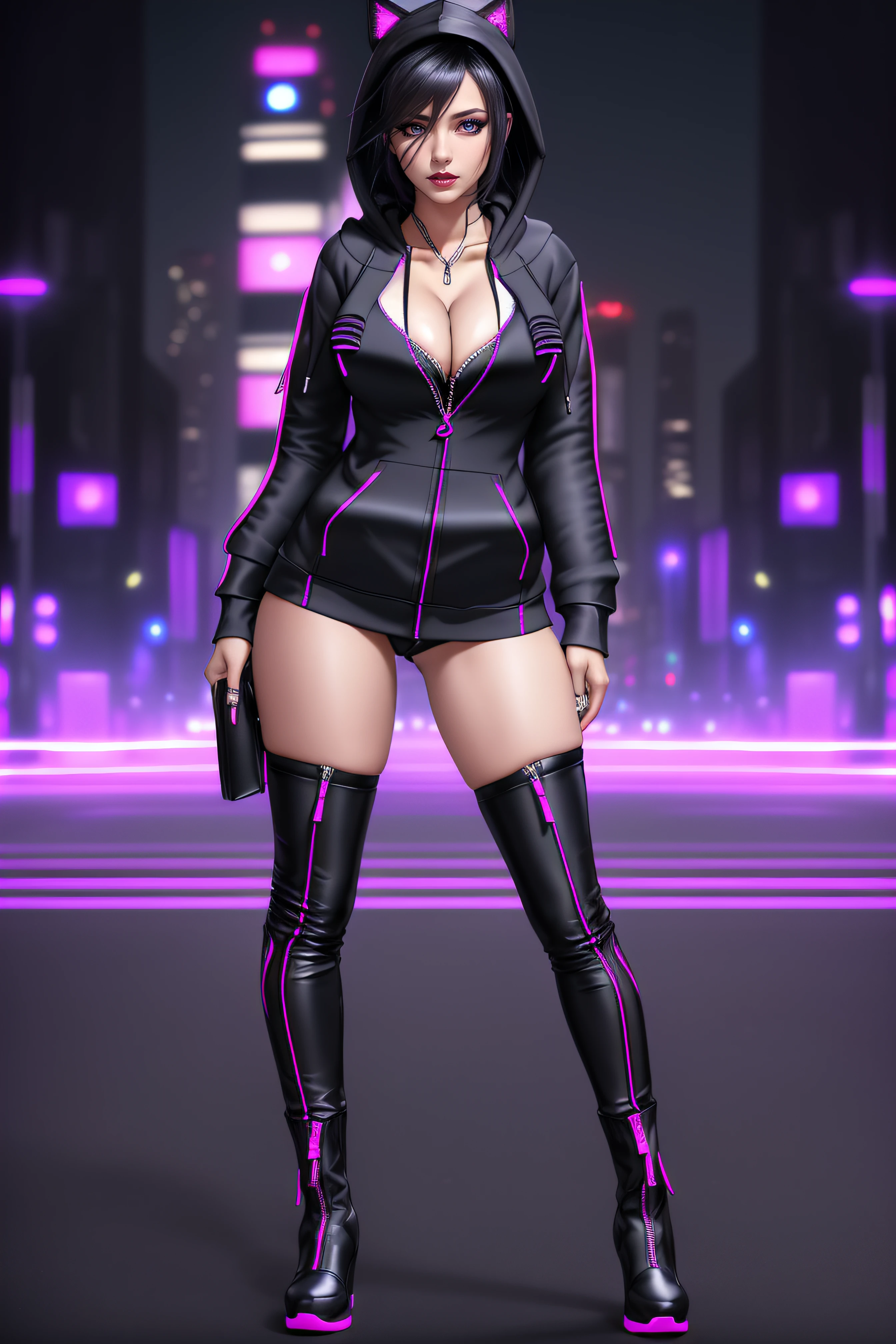 beautiful girl, ((standing:1.4)), (confident gaze:1.1), full body, short bright neon streaked black hair, ((realistic highly detailed eyes:1.4)), ((seductive pose:1.2)), black eyeshadow, (street style wear:1.2), ((hoodie open zip:1.4)), ((cleavage:1.4)),((tight fitted pants)), ((knee high leather boots)), (dark city night black background:1.4), dark makeup, digital art, trending on artstation, highly detailed, fine detail, intricate, detailed facial features, sharp focus, smooth, aesthetic,