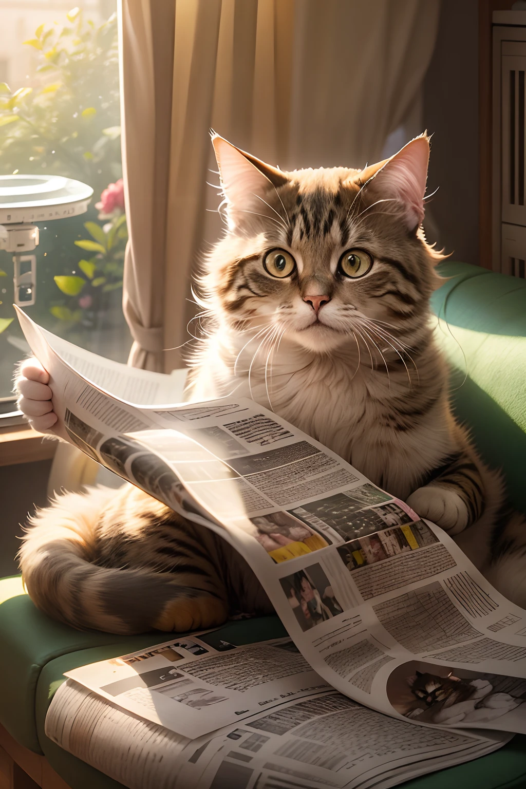 A cute cat with round eyes sitting on a sofa reading a newspaper, There is a radio on the desk, Sunlight outside the window