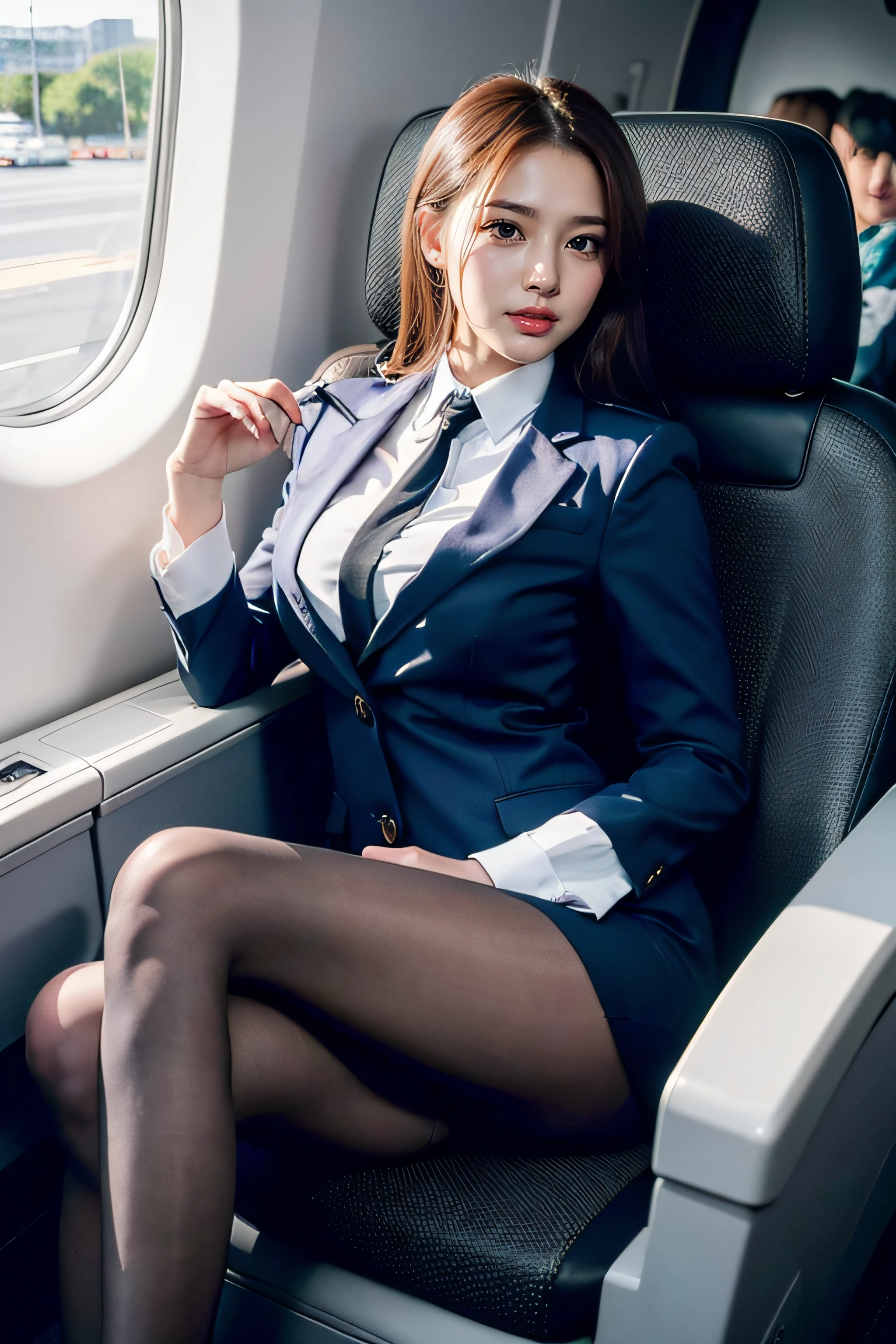 Sexy woman in flight attendant uniform、ukranian、Ukrainian goddess、Jaw-dropping beauty、Wear surreal pantyhose、Sit cross-legged on an airplane..........、A smile、high-heels、Gaming_NFFSW (English) (English) (English) (English) (English) (English) (English) (English) (English) (English) (English), masutepiece, Best quality, Light reality, RAW photogr、8K, A high resolution, Detailed skins, 8K, Ultra HD, digital SLR camera, Soft lighting, High quality, filmgrain, Fujifilm XT3, realistic skin textures、shiny skins、Bare with thighs!!!