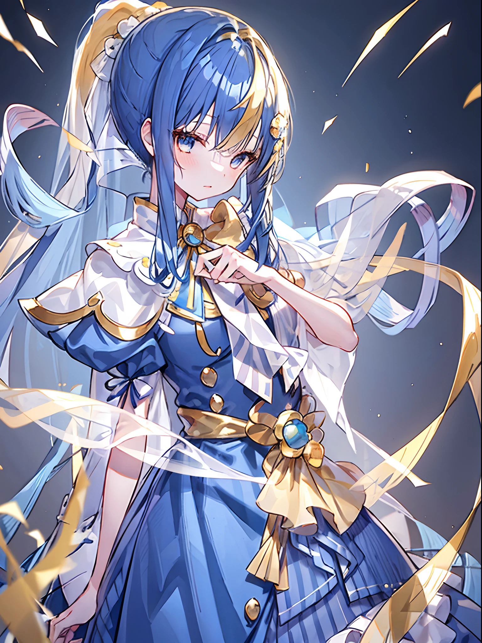 1 girl，long whitr hair，Single-sided weaving，(Yellow flower headdress:0.3)，Nice dress，，dark-blue hair，long whitr hair，There are extra braids on the head，Normal long hair and ponytail on one side of the head，extra ponytail，Bangs have some blonde hair，A few golden bangs