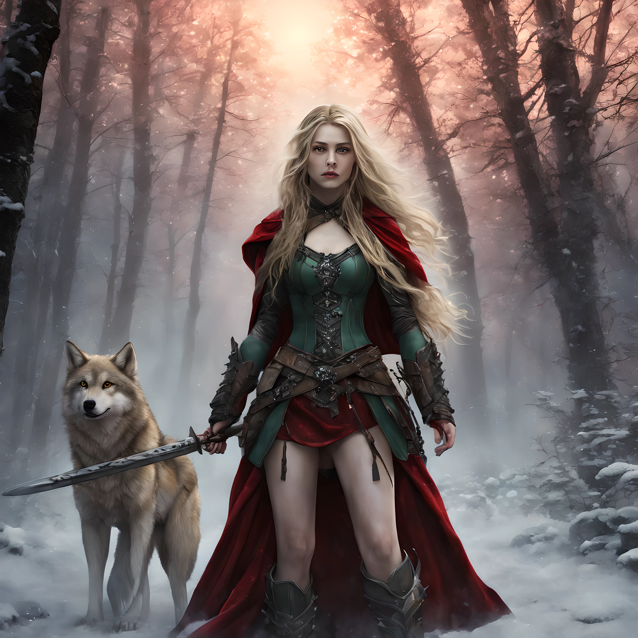 fantasy art, RPG art, Dark fantasy art, ultra wide shot, RAW, photorealistic, a picture of female human ranger and her wolf pet, the ranger, an exquisite beautiful human woman, long blond hair, braided hair, green eyes, wearing leather armor, wearing (red cloak: 1.1), armed with a (sword: 1.3), wearing laced boots, standing in a dark forest at night, (mist rising from the grounds: 1.3), a sense of dread and fear, yet she stands defiant and fearless, her wolf pet stands near her, protecting her, dark fantasy forest background, best quality, 16k, [ultra detailed], masterpiece, best quality, (ultra detailed), full body, ultra wide shot, photorealism