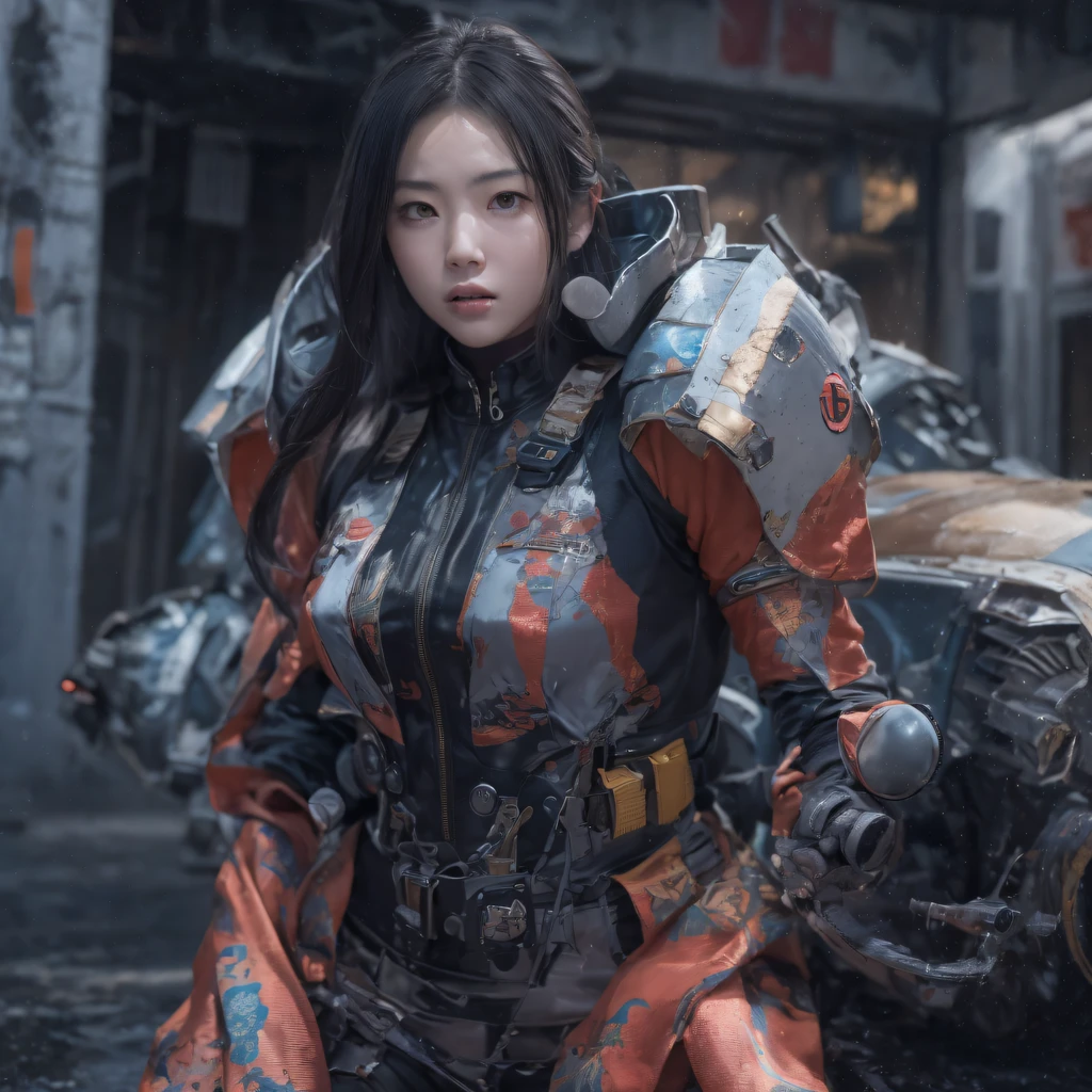 Mecha Female CG Giant Secret Realm，Asian woman poses in colorful futuristic matte armor, Realistic secret mech girl rendering, detailed face of a asian girl, Reality in the secret world, Smooth CG art, Realistic. Cheng Yi, Realistic secret style, A lovely secret rendering, Rendu portrait 8k, Render character art 8 K, Realistic portrait of a mecha woman， （Linen batik scarf）， Angry fighting stance， looking at the ground， Batik linen bandana， Mecha Female Secret Realm（Abstract propylene splash：1.2）， Dark clouds lightning background，废墟（realisticlying：1.4），Black color hair，Flour fluttering，Telephoto lens high， A high resolution， the detail， RAW photogr， Sharp Re， Nikon D850 Film Stock Photo by Jefferies Lee 4 Kodak Portra 400 Camera F1.6 shots, Rich colors, ultra-realistic vivid textures, Dramatic lighting，8K quality, Girls，Backstreets， Dark clouds lightning background（realisticlying：1.4），Black color hair，Uncharted， RAW photogr， Sharp Re， Nikon D850 Film Stock Photo by Jefferies Lee 4 Kodak Portra 400 Camera F1.6 shots, Rich colors, ultra-realistic vivid textures, Drama light film CG agency，Tropical canyon battle scene、Mecha woman、Faraway view、intense battles、high detal、masuter piece、NSFW，Mecha Woman Doomsday Ruins（Uncharted）Climb the streets（Armageddon）eyes filled with angry，Clenched his fists