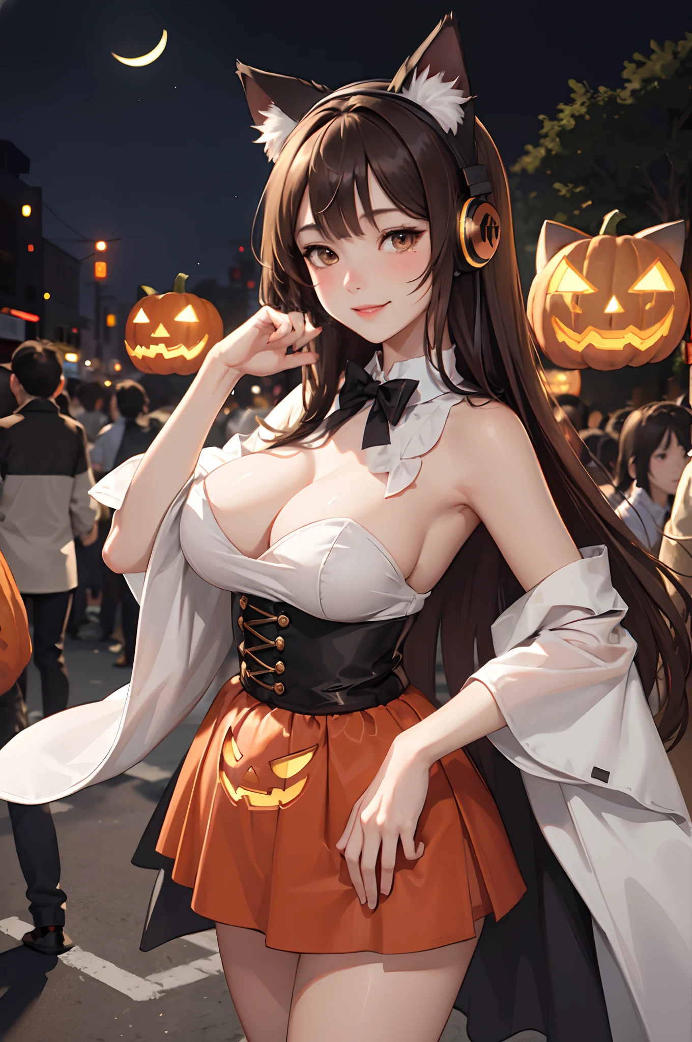 1lady standing, /(cat ear headset/) disguise, mature female, /(brown hair/) bangs, blush kind smile, (masterpiece best quality:1.3) delicate illustration ultra-detailed, large breasts BREAK /(streets of Shibuya/) outdoors, jack-o'-lantern Halloween parade, crowded audience, night