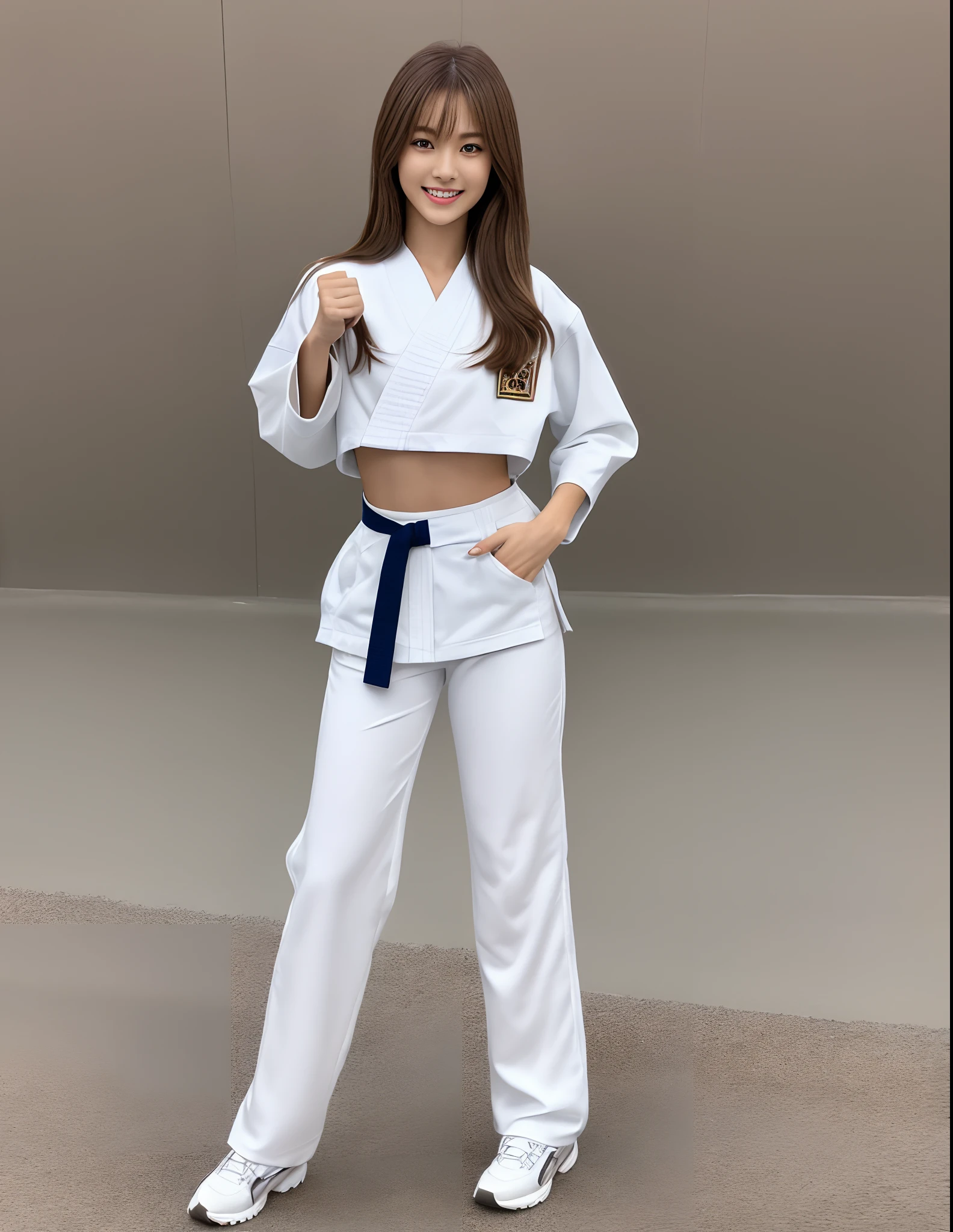 (Photorealsitic)(sixteen years old), Perfectly beautiful woman, (Full body 8K portrait), break dance, Stick out your fist, Large and dynamic hand and foot movements, Correct skeleton, White Karate Uniform, White karate pants, Large bust, Perfect facial detail, (Smile: 1.15), attractive beautiful face, gazing at viewer, a small face, 二重まぶた, Beautiful detailed eyes, long eyeslashes, ligh brown hair, Hairstyle is bob style, Toned waist, large full breasts, Beautiful thin legs, toned ankles, bare-legged ,TOKYOcty