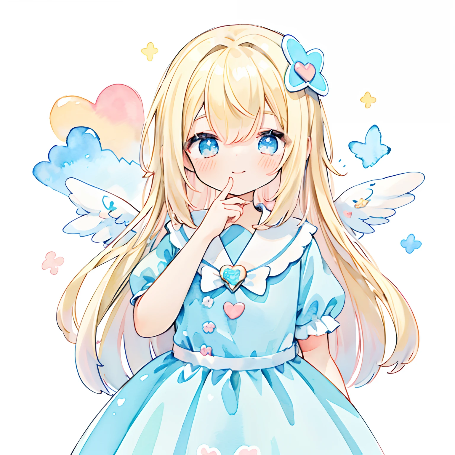(PastelColors:1.5)、(Cute illustration:1.5)、(watercolor paiting:1.2)、(1 girl:1.0)、hair between eye、(Color: 1.5), (cute illustration: 1.5), (watercolor paiting: 1.2), (1 girl: 1.0), (1 girl: 1.2), hair between eye, White background, girl, Whole body espian, Angel Girl, Light ring on the head, Puffy skirt design, Angel Design, Style, Two-tier blue dress skirt, Sparkling Heart, Blonde hair with swaying hair, Haze, Smile