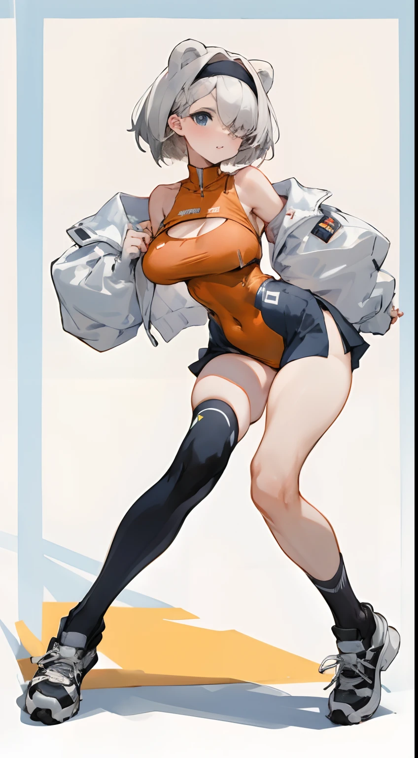 Bigboobs,cropped shoulders,knee length socks,pleatedskirt,No shoes on,Racing Wear,leotard skirt,open waist,cropped shoulders,Bare chest,Stand up,athletic sneakers