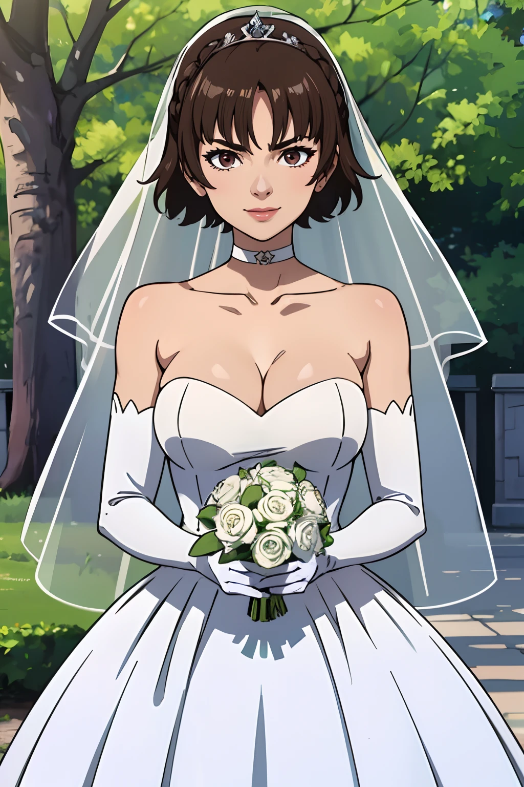makoto nijima, blunt bangs, braid, crown braid, hair between eyes, ahoge, brown hair, star \(symbol\), hair ornament, dress, cleavage, bare shoulders, collarbone, long white elbow gloves, white gloves, white dress, white choker, strapless, tiara, veil, strapless dress, wedding dress, bridal veil, beautiful woman, perfect body, perfect breasts, wearing a wedding dress, ball gown, in the park trees, wedding decorations, a warm smile, realism, masterpiece, textured skin, super detail, high detail, high quality, best quality, 1080p, 16k