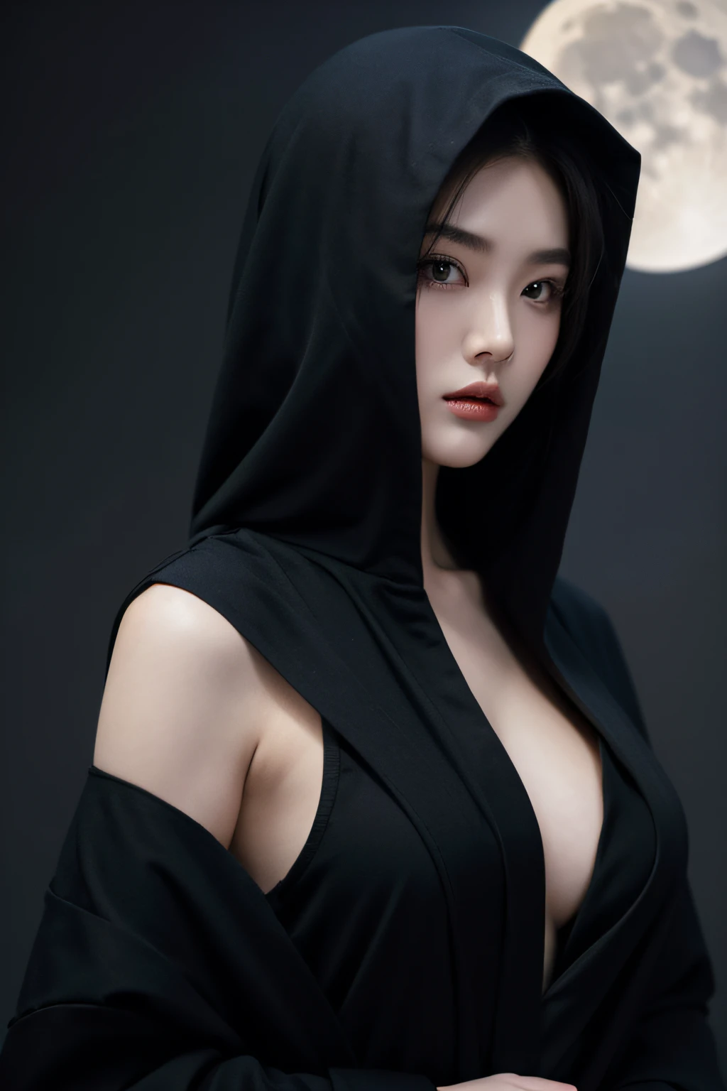 (top-quality,​masterpiece),Shadow , hoods,Dressed in a black robe,Open the front of the robe,mont, Japan model to confront the moon,Very beautiful face,Bewitching look,Colossal tits, (Detailed_Background:1.3)