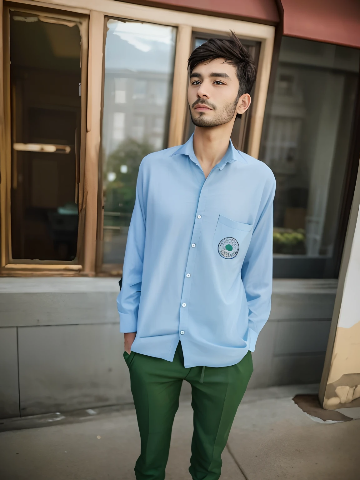 arafed man standing in front of a building with a green shirt, khyzyl saleem, with lovely look, ash thorp khyzyl saleem, riyahd cassiem, very very low quality picture, full body picture, candid picture, inspired by Sarper Baran, around 1 9 years old, jk uniform, front profile!!!!