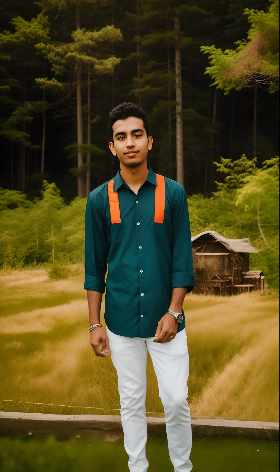 arafed man standing on a sidewalk in a field of grass, in front of a forest background, riyahd cassiem, profile picture 1024px, inspired by Bikash Bhattacharjee, around 1 9 years old, background is heavenly, very very low quality picture, full body photogenic shot, photo taken in 2 0 2 0, candid picture