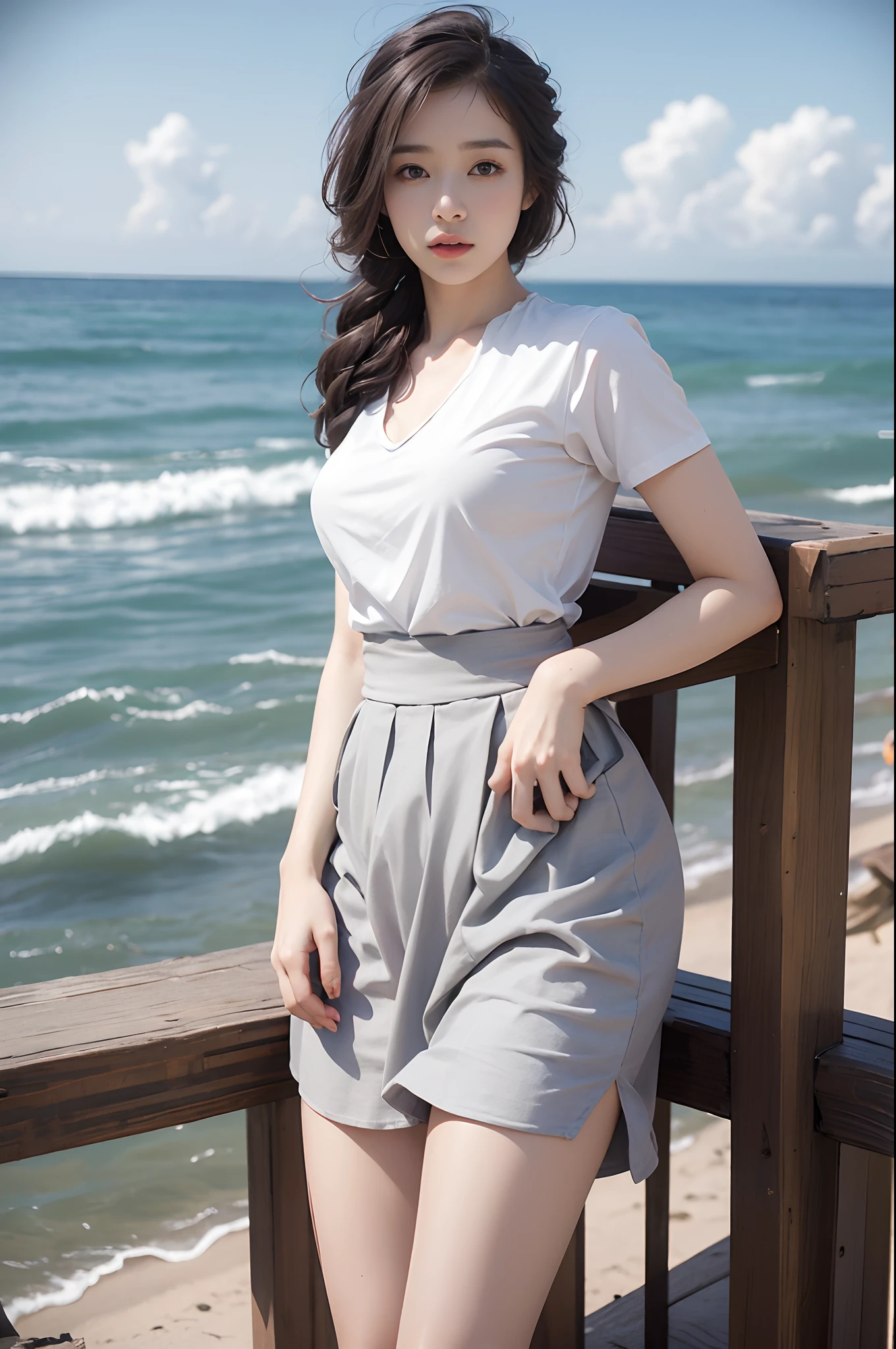 (Masterpiece, Superb work,4K 分辨率, Ultra-realistic:1.3),Girl posing for photo in white shirt and pleated skirt，(A half body:1.2)，Slim body，(medium chest circumference)，Slim girl model，24 years old female model，(Have by the sea:1.3)，Soft light，Detailed background,Coordinated body proportions，facial closeups，well detailed face，(white  shirt)，(pleatedskirt)，