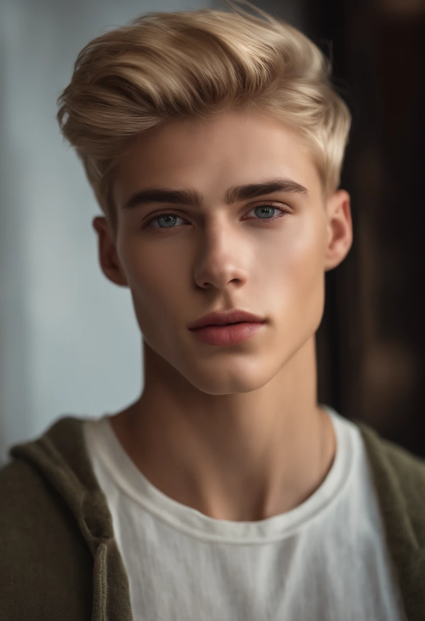 photography, Young male perfection, 18 ans, strong jawline, no cleft chin, full lips, Roman nose, short blonde hair, hazel eyes, hyper realistic, 8k --v 4