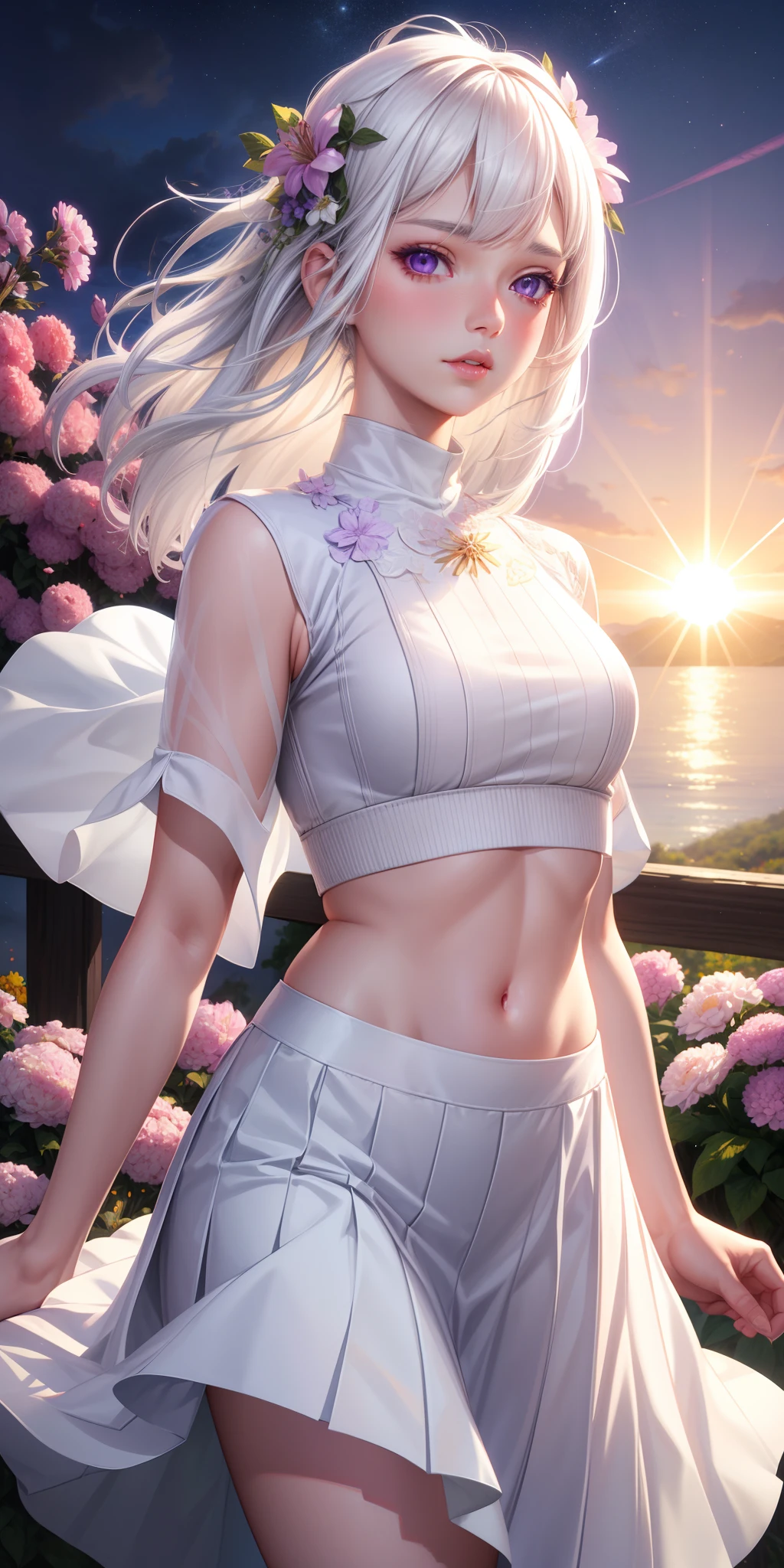 realistic, 1girl, white hair, purple eyes, glowing eyes, crop top, skirt, parted lips, blush, night, flowers, sun, sunlight,