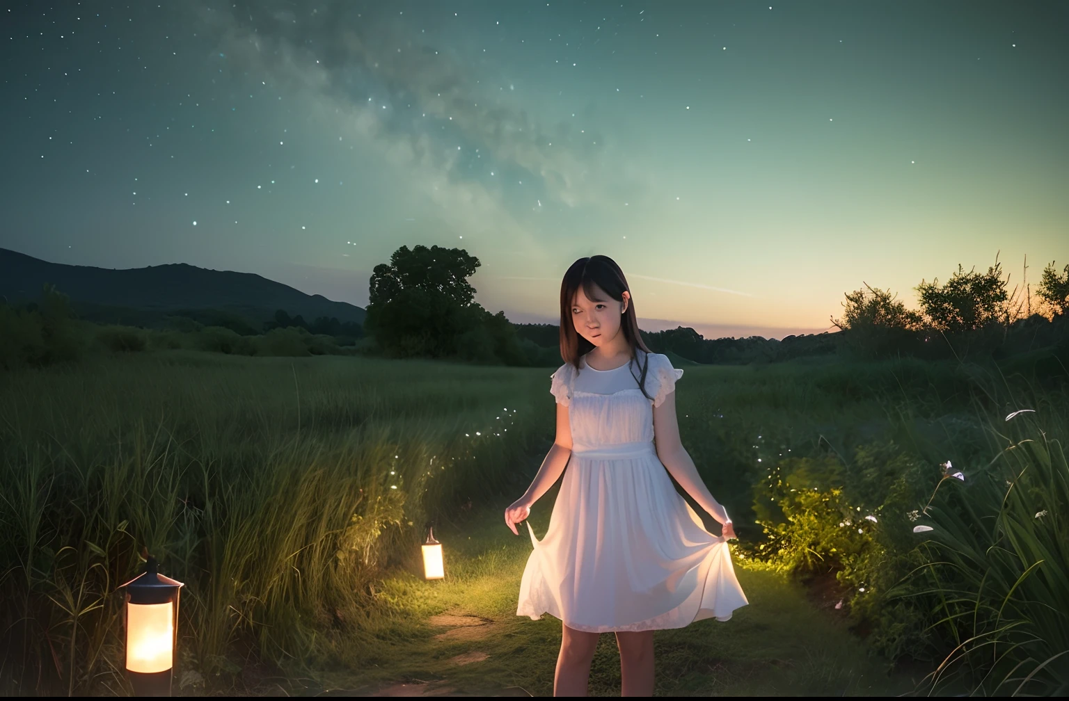 (8k, top quality, masterpiece: 1.2), (realistic, photorealistic: 1.37), super detail, one girl, wide angle of view, firefly garden, lots of small faint light and fireflies flying around, night
