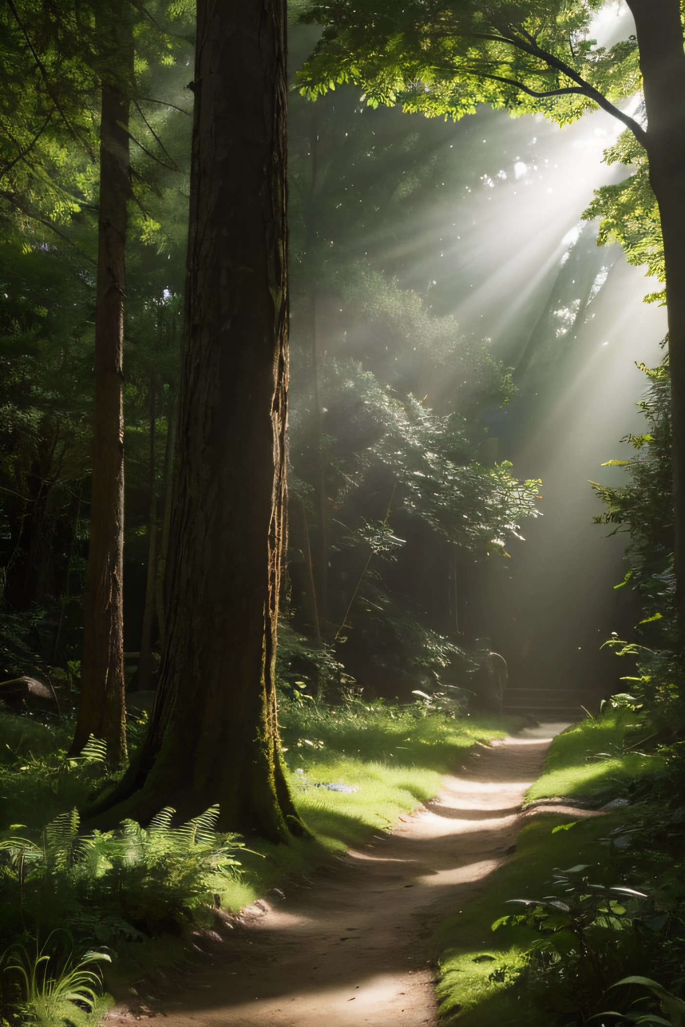 In the middle of a forest，A ray of sunlight shines in from the upper right corner，There is a bush in the lower left and right corners of the picture，The full picture style is the same as the art style of the game Legend of the Kingdom of Zelda