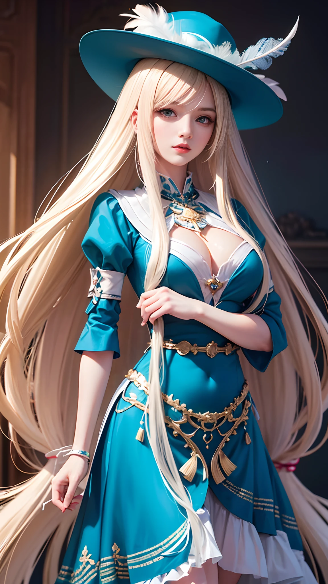 Drawing a woman with long hair and a feather hat, detailed portrait of anime girl, portrait anime girl, Artgerm. High detail, stunning anime face portrait, digital anime art, art germ. Anime illustration, detailed digital anime art, anime girl portrait, Guvez style artwork, blue clothing, realistic digital art 4k, realistic digital art 4k, realistic, aesthetic.