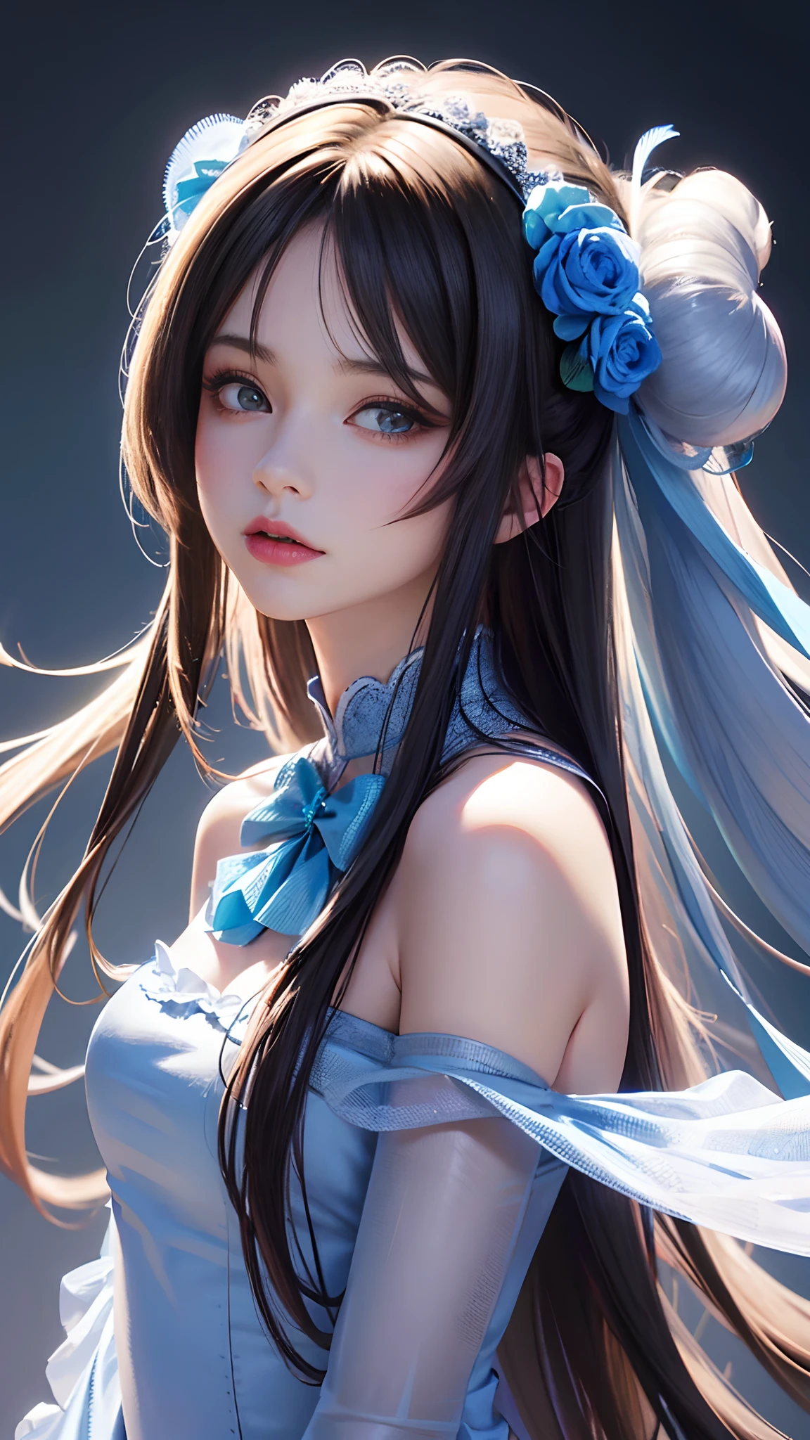 Drawing a woman with long hair and a feather hat, detailed portrait of anime girl, portrait anime girl, Artgerm. High detail, stunning anime face portrait, digital anime art, art germ. Anime illustration, detailed digital anime art, anime girl portrait, Guvez style artwork, blue clothing, realistic digital art 4k, realistic digital art 4k, realistic, aesthetic.