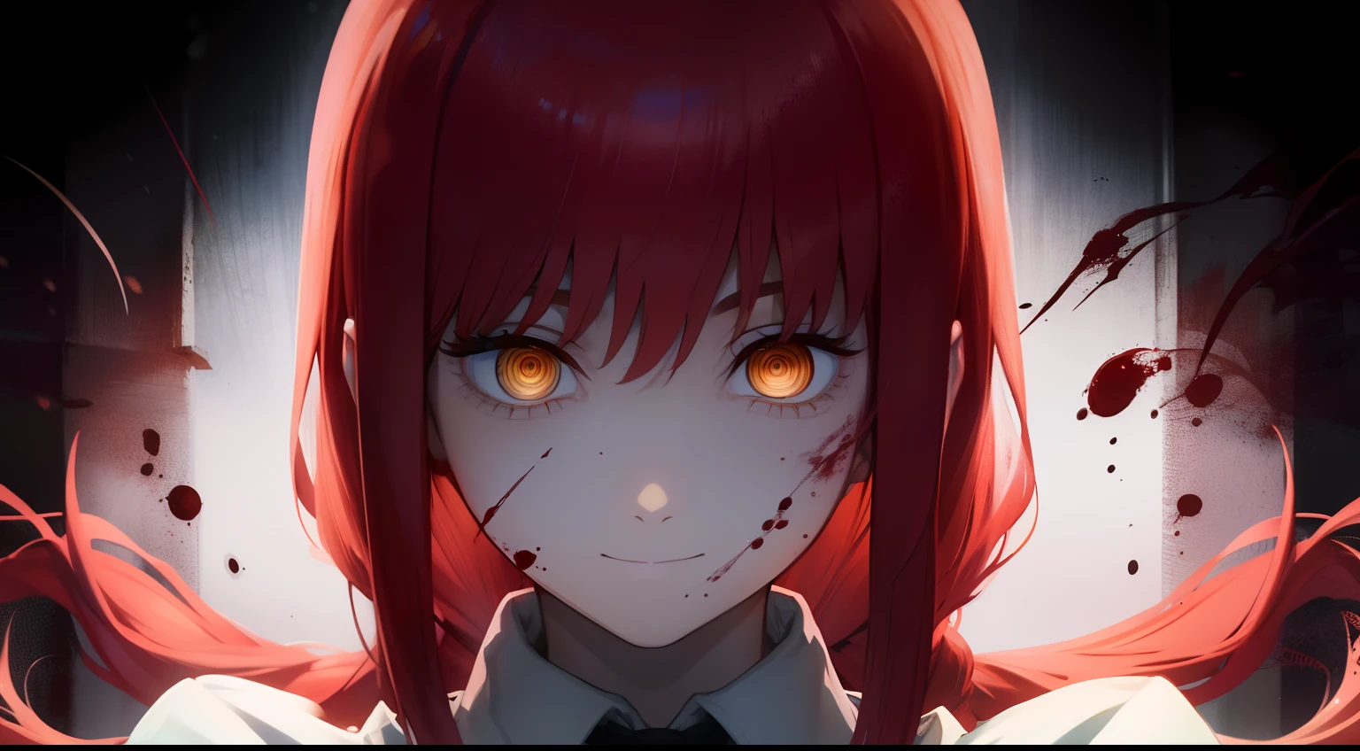 masterpiece, best quality, portrait, 1girl,makima \(chainsaw man\), solo, standing, red hair, long braided hair, (bright glowing eyes: 1.4), (golden eyes: 1.3), dilated pupils, bangs, medium breasts, white shirt, necktie, stare, (disgusted,smile), (evil:1.2), smile, looking at viewer, (interview:1.3), high resolution, (Face focus:1.4), (looking at viewer:1.15), (black background, blood:1.3)