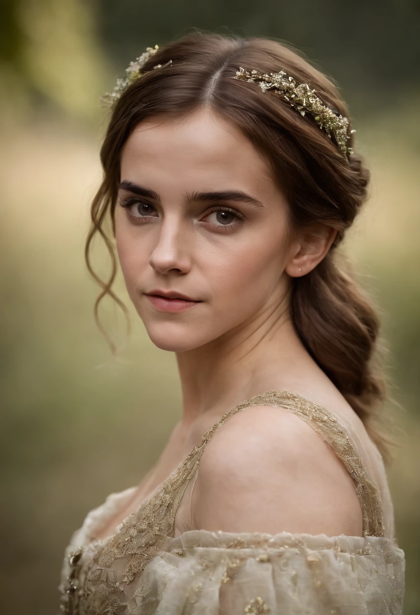 Emma Watson, Delgado y elegante, Beautiful, Luz de velas en un entorno medieval, Ultra Sharp Focus, Toma realista, Ropa femenina medieval, Tetradic colors (cicatriz:1.4)