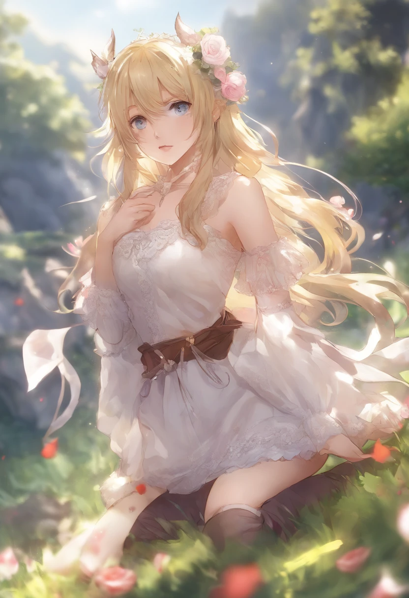masterpiece, highest quality, (solo focus), (perfect face:1.1), (high detail:1.1), (hyper detailed eyes), dramatic, 1girl, final fantasy 14 miqo'te, (dark skin), long blonde hair, ethereal eyes, (light eyebrows), solo, long hair, night, white thigh high stockings, sexy lips, proud expression, simple city background, cinematic lighting, roses, fashion, anime style