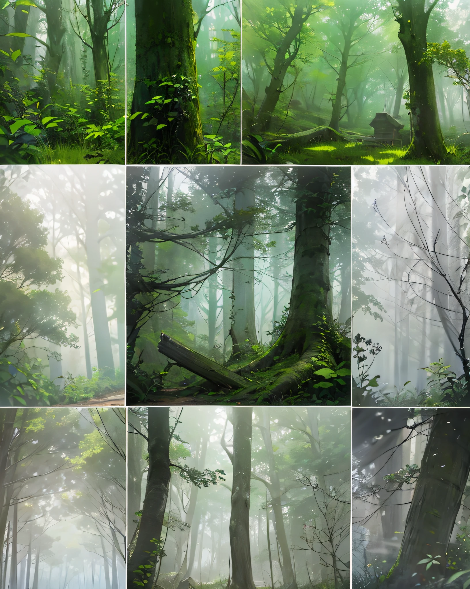 Mist in the Woods, An ancient forest shrouded in mist, old ruins hidden among the trees, a mystical aura, a feeling of history and secrets