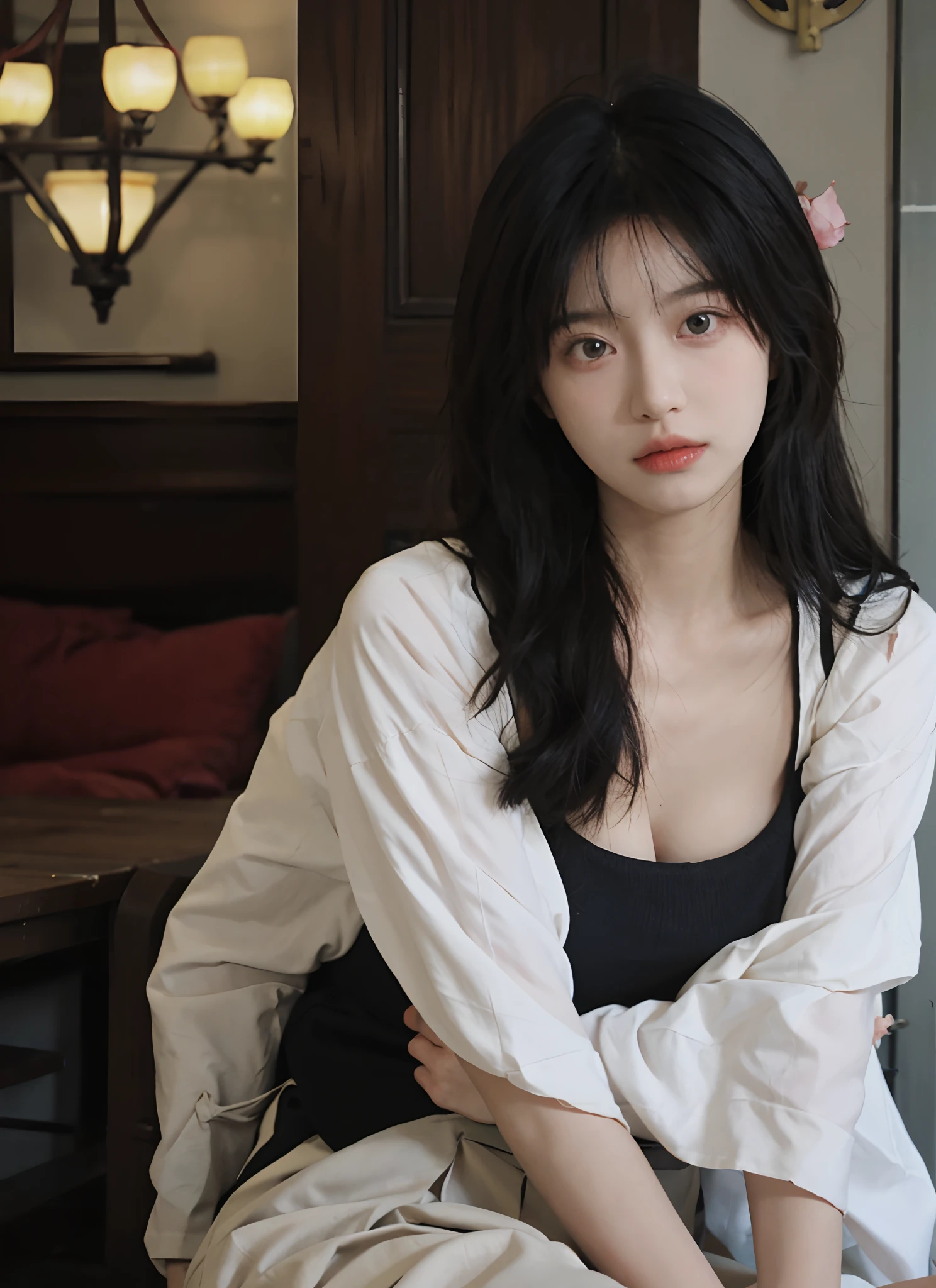(photorealistic:1.4), raw photo, best quality, masterpiece, ultra high res,1girl,kimminjeong,detailed face,detailed eyes, (short black hair:1.1),small breast, long sleeve t-shirt,casual pants,sit at table,minimalist living room, (night0.1),、Cleavage、lingerie
