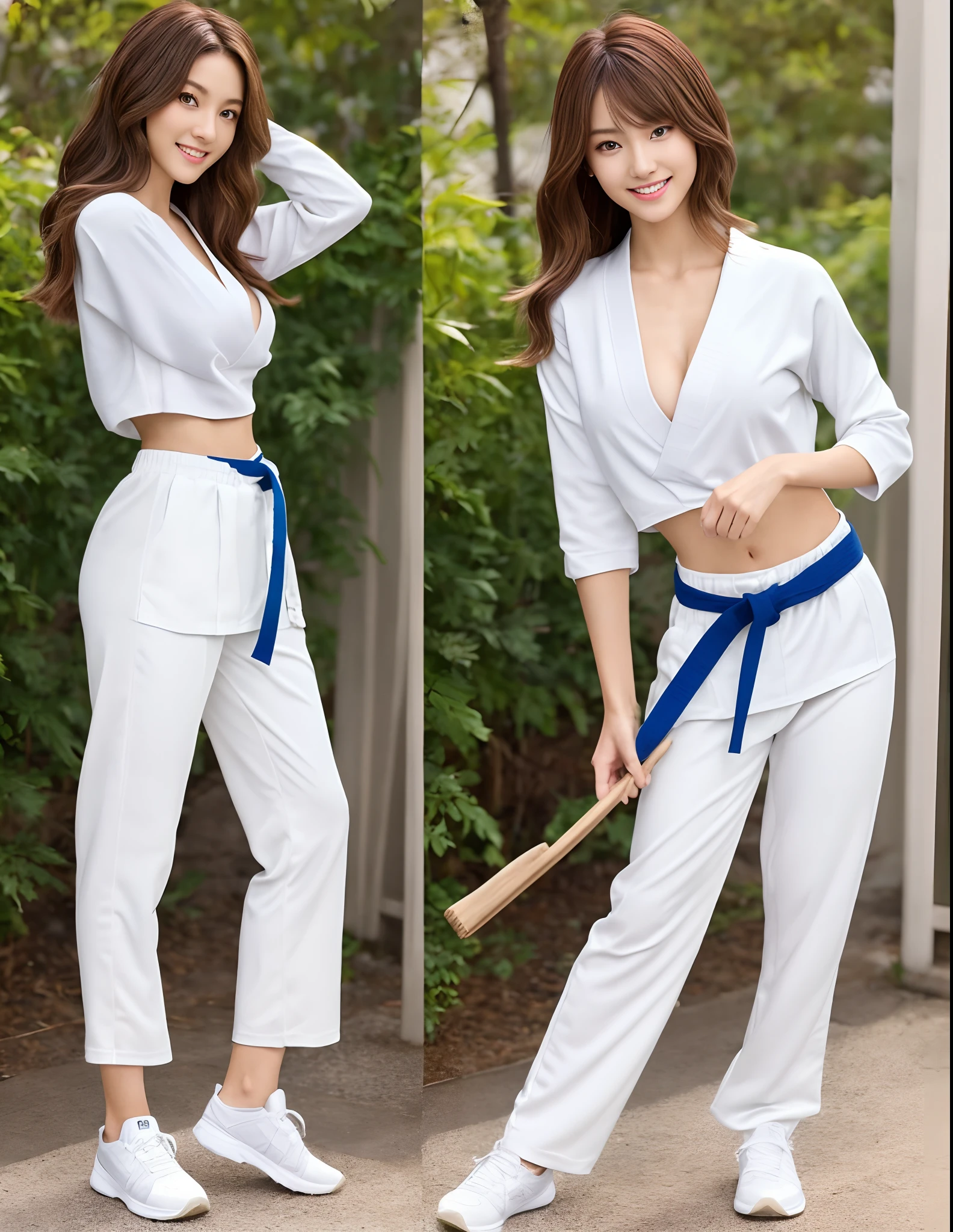 (Photorealsitic)(sixteen years old), Perfectly beautiful woman, (Full body 8K portrait), break dance, Stick out your fist, Large and dynamic hand and foot movements, Correct skeleton, White Karate Uniform, White karate pants, Large bust, Perfect facial detail, (Smile: 1.15), attractive beautiful face, gazing at viewer, a small face, 二重まぶた, Beautiful detailed eyes, long eyeslashes, ligh brown hair, Hairstyle is bob style, Toned waist, large full breasts, Beautiful thin legs, toned ankles, bare-legged ,TOKYOcty