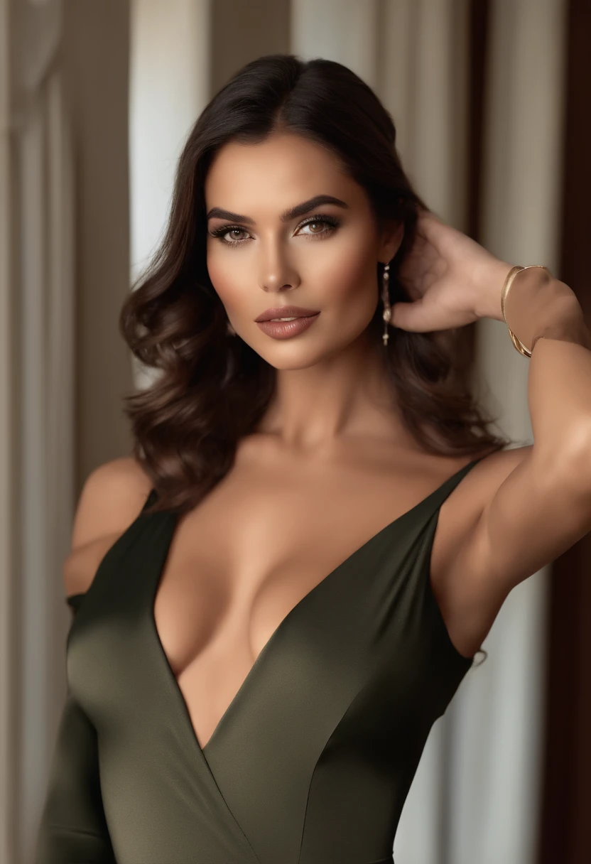 Renda Deep V Neck Slim Bodysuit , pele brilhante ,Rosto detalhado, Olhos detalhados, Glossy Lips, foco na bunda, musculoso , lean physique, sorriso sutil, medium-short dark brown hair, (melhor qualidade, master part, ultra high-resolution :1.3),(fotorrealista:1.4)