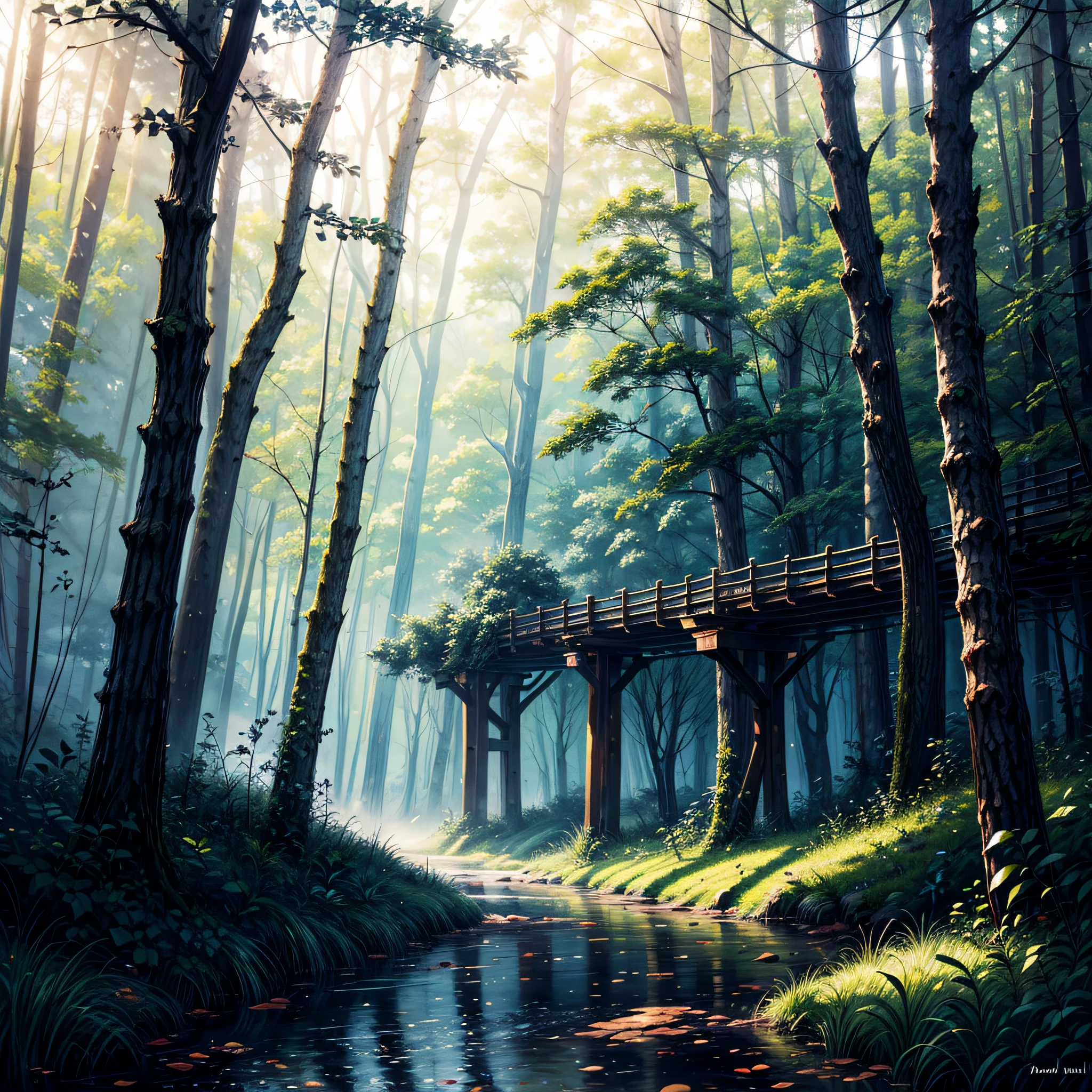 Mist in the Woods, A serene woodland scene with mist clinging to the trees, a wooden bridge leading deeper into the forest, early morning calmness, a sense of anticipation, Painting, watercolors on paper