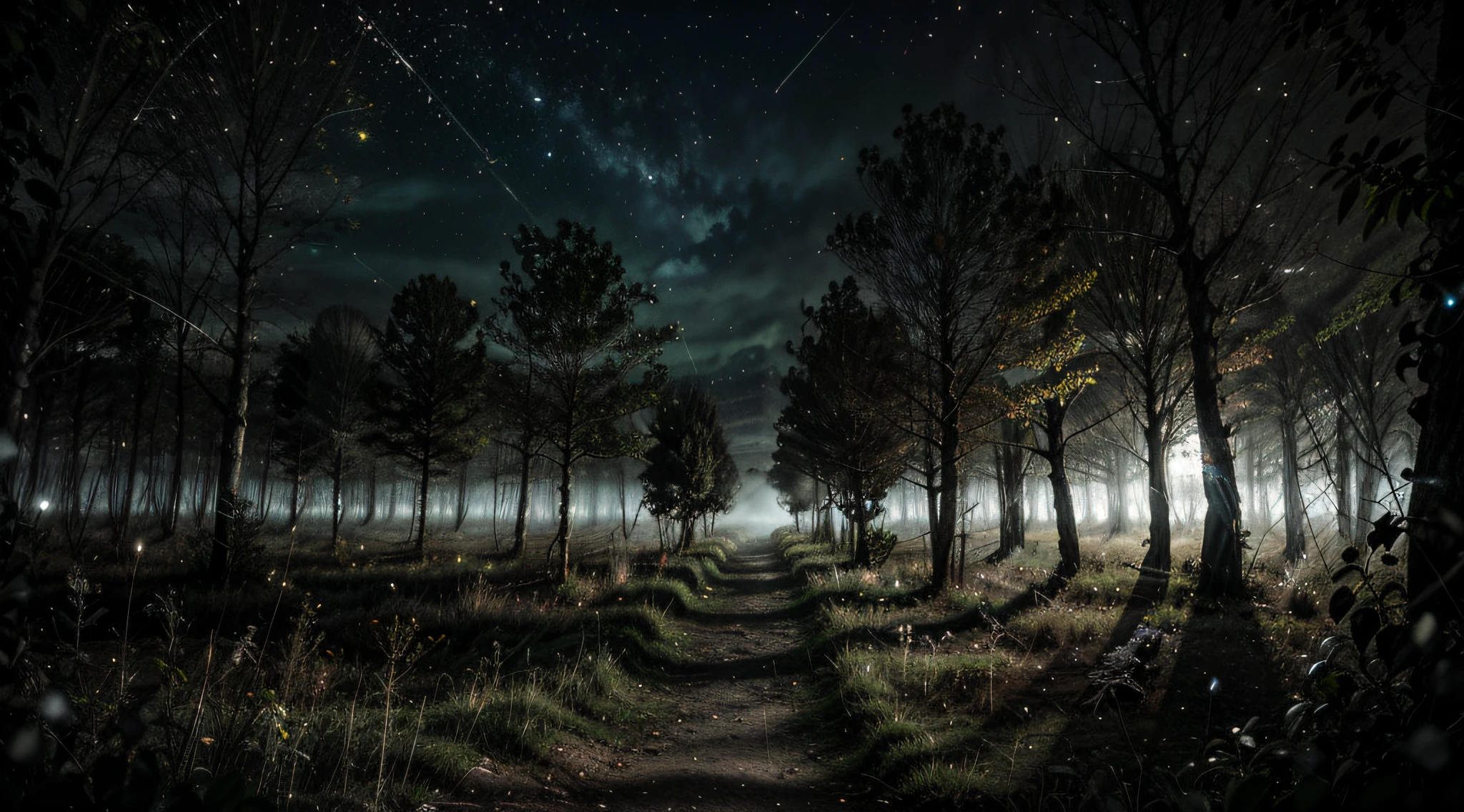 Mist in the Woods, A dark, eerie forest with twisted trees, tangled roots, and glowing fireflies, an unsettling and haunting atmosphere,
