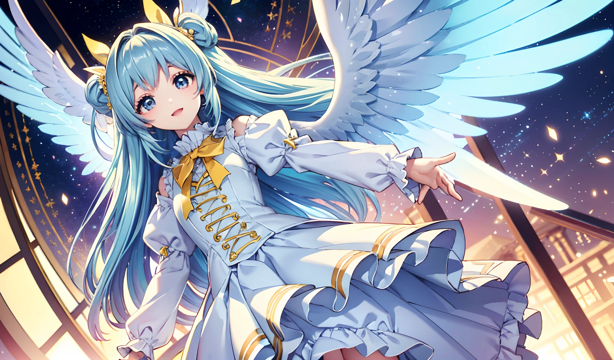 Big big wings of angels shining in seven colors、Kawaii Girl、adorable smiling、Light blue long hair、Twin-tailed、Colorful angel costume in white and yellow ta style with lots of frills、((top-quality))、((​masterpiece))、(ighly detailed、highestdetailed、Official art、Beautifully Aesthetic:1.2)