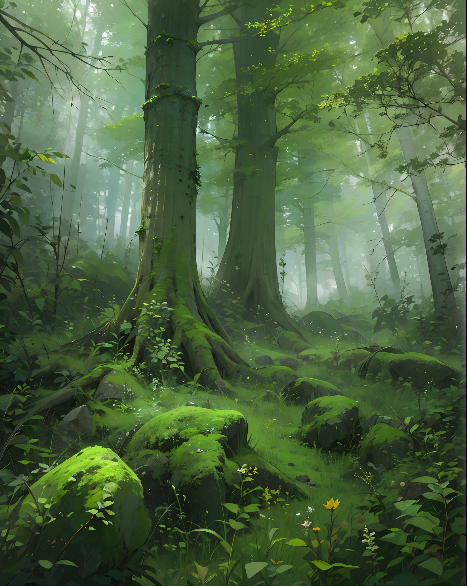 Mist in the Woods, An ancient forest shrouded in mist, old ruins hidden among the trees, a mystical aura, a feeling of history and secrets