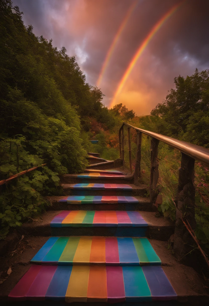 A close-up of a staircase leading to a sky with a rainbow, a stairway to a very colorful heaven. The sky is filled with rainbow-colored clouds. This staircase leads from hell to heaven, reflecting the colors of heaven. It leads to a colorful sky with rainbow-colored clouds. The pathway is known as the Rainbow trail, appearing like rainbow-colored eyes. The scene is filled with beautiful colors, a colorful sky, rainbow color, heaven, a psychedelic sky, a colorful image, and wonderful colors.
