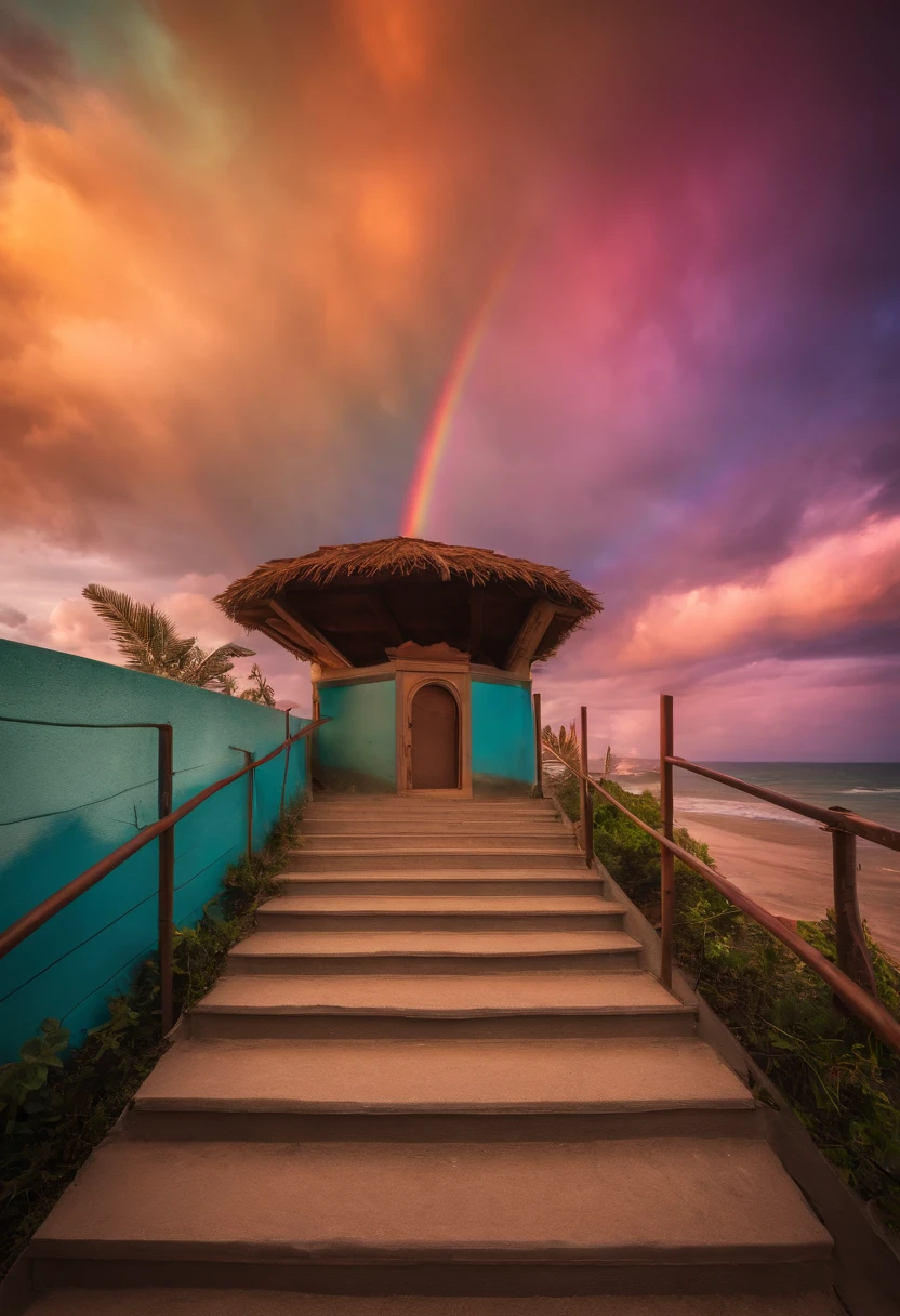 A close-up of a staircase leading to a sky with a rainbow, a stairway to a very colorful heaven. The sky is filled with rainbow-colored clouds. This staircase leads from hell to heaven, reflecting the colors of heaven. It leads to a colorful sky with rainbow-colored clouds. The pathway is known as the Rainbow trail, appearing like rainbow-colored eyes. The scene is filled with beautiful colors, a colorful sky, rainbow color, heaven, a psychedelic sky, a colorful image, and wonderful colors.