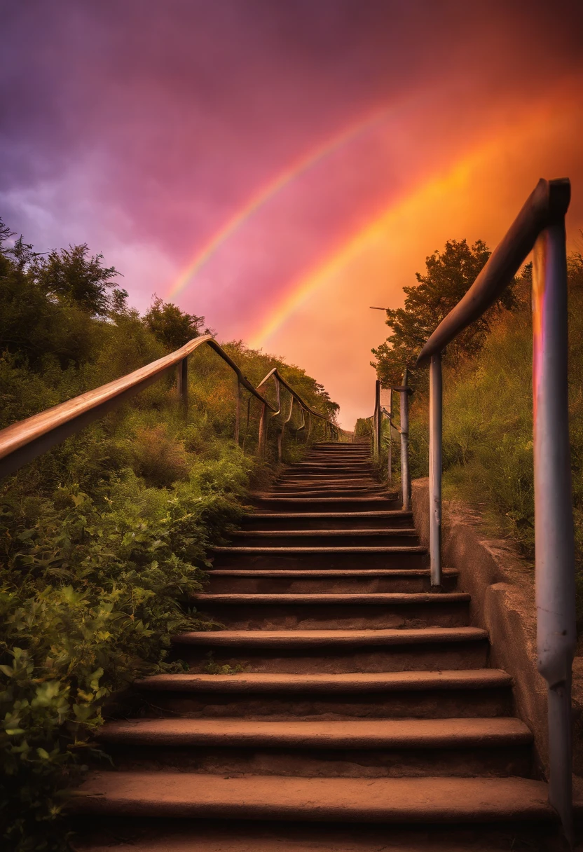 A close-up of a staircase leading to a sky with a rainbow, a stairway to a very colorful heaven. The sky is filled with rainbow-colored clouds. This staircase leads from hell to heaven, reflecting the colors of heaven. It leads to a colorful sky with rainbow-colored clouds. The pathway is known as the Rainbow trail, appearing like rainbow-colored eyes. The scene is filled with beautiful colors, a colorful sky, rainbow color, heaven, a psychedelic sky, a colorful image, and wonderful colors.