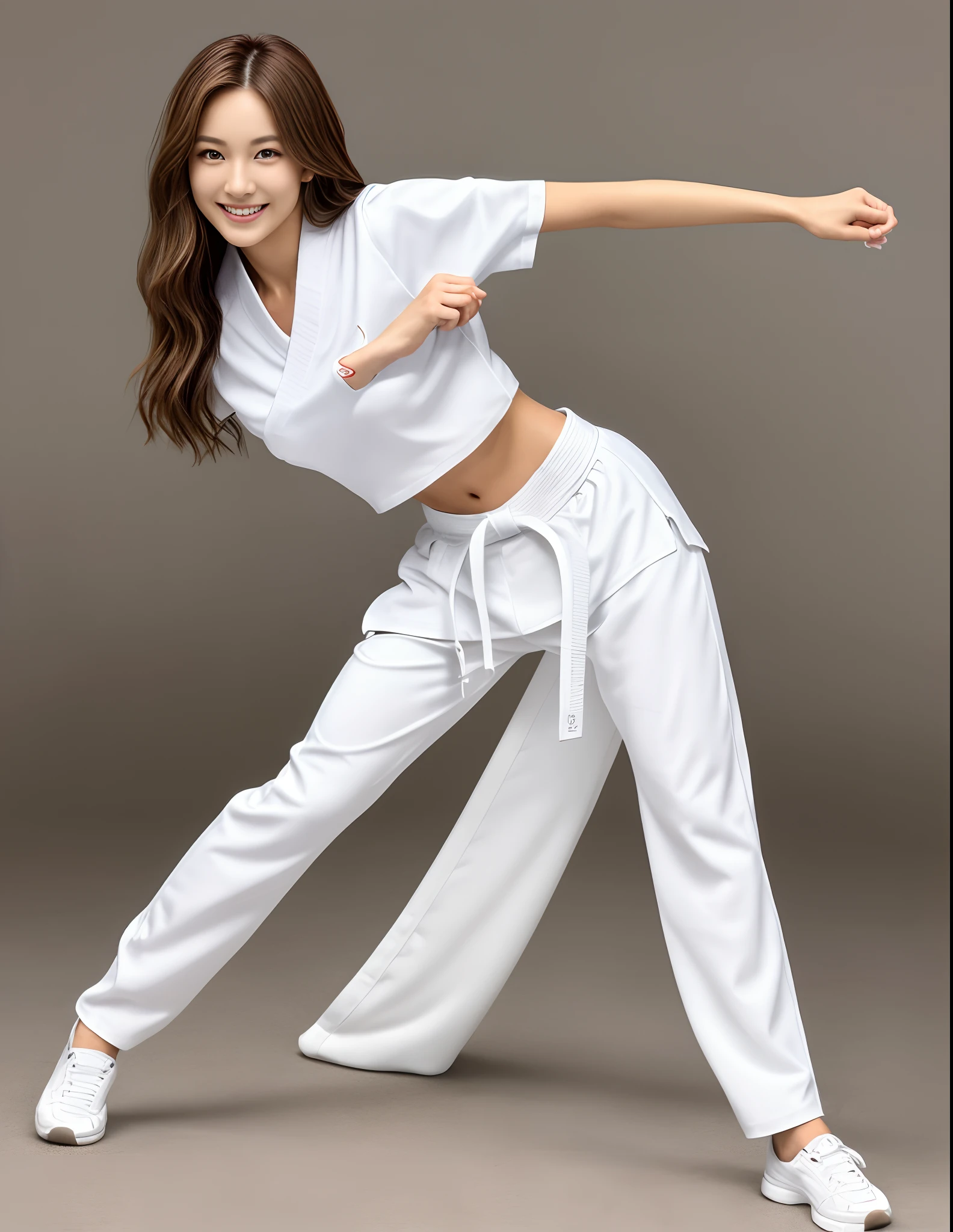 (Photorealsitic)(sixteen years old), Perfectly beautiful woman, (Full body 8K portrait), break dance, Stick out your fist, Large and dynamic hand and foot movements, Correct skeleton, White Karate Uniform, White karate pants, Large bust, Perfect facial detail, (Smile: 1.15), attractive beautiful face, gazing at viewer, a small face, 二重まぶた, Beautiful detailed eyes, long eyeslashes, ligh brown hair, Hairstyle is bob style, Toned waist, large full breasts, Beautiful thin legs, toned ankles, bare-legged ,TOKYOcty