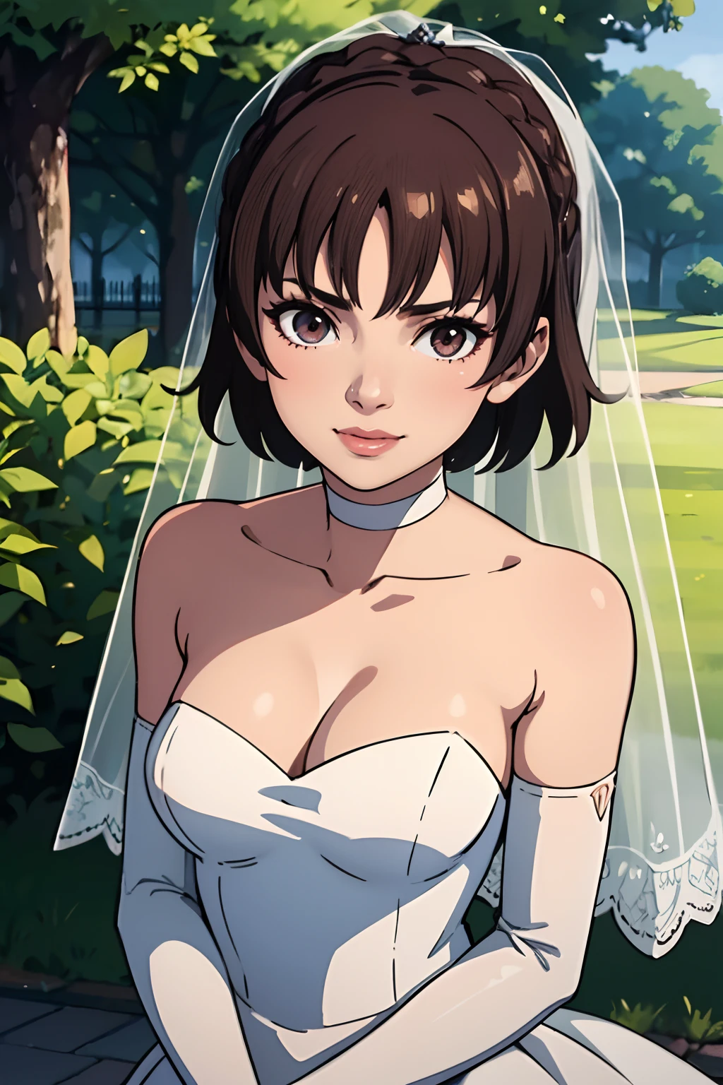 makoto nijima, blunt bangs, braid, crown braid, hair between eyes, ahoge, brown hair, star \(symbol\), hair ornament, dress, cleavage, bare shoulders, collarbone, long white elbow gloves, white gloves, white dress, white choker, strapless, tiara, veil, strapless dress, wedding dress, bridal veil, beautiful woman, perfect body, perfect breasts, wearing a wedding dress, ball gown, in the park trees, wedding decorations, a warm smile, realism, masterpiece, textured skin, super detail, high detail, high quality, best quality, 1080p, 16k