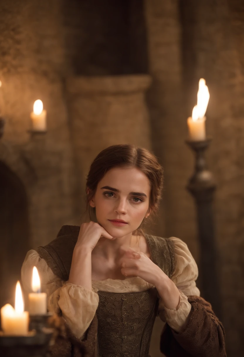 Emma Watson, Slim and elegant, Beautiful, Candlelight in a medieval setting, super sharp focus, realistic lens, Medieval women's clothing, Four colors (scar:1.4)
