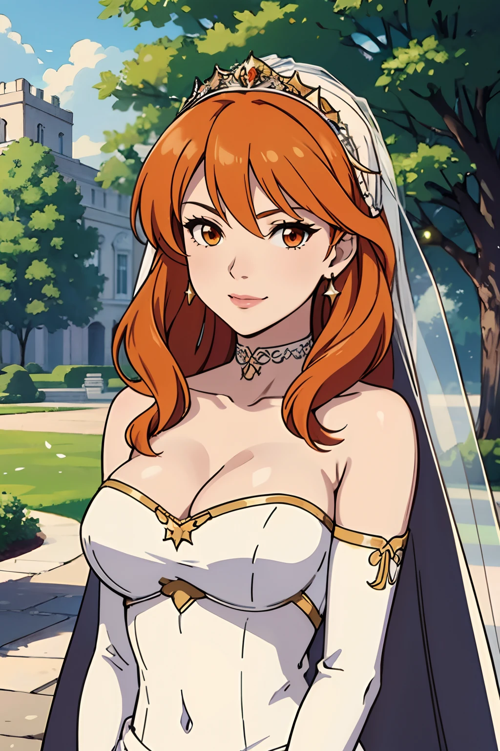 celica fe,  hair between eyes, ahoge, orange hair, star \(symbol\), hair ornament, dress, cleavage, bare shoulders, collarbone, long white elbow gloves, white gloves, white dress, white choker, strapless, tiara, veil, strapless dress, wedding dress, bridal veil, beautiful woman, perfect body, perfect breasts, wearing a wedding dress, ball gown, in the park trees, wedding decorations, a warm smile, realism, masterpiece, textured skin, super detail, high detail, high quality, best quality, 1080p, 16k