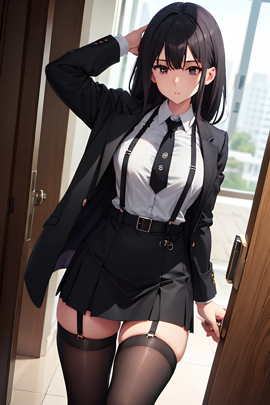 Suit,Collared shirt,Belt bag,Suspenders black mini skirt garterbelts knee high Stockings Black Niso Colorcon armpit sweat perspiring Side of both hands,Black jacket,Gaze,ample bosom,Armpit sweat,Exposing the armpits"Tight clothes handcuffs bet