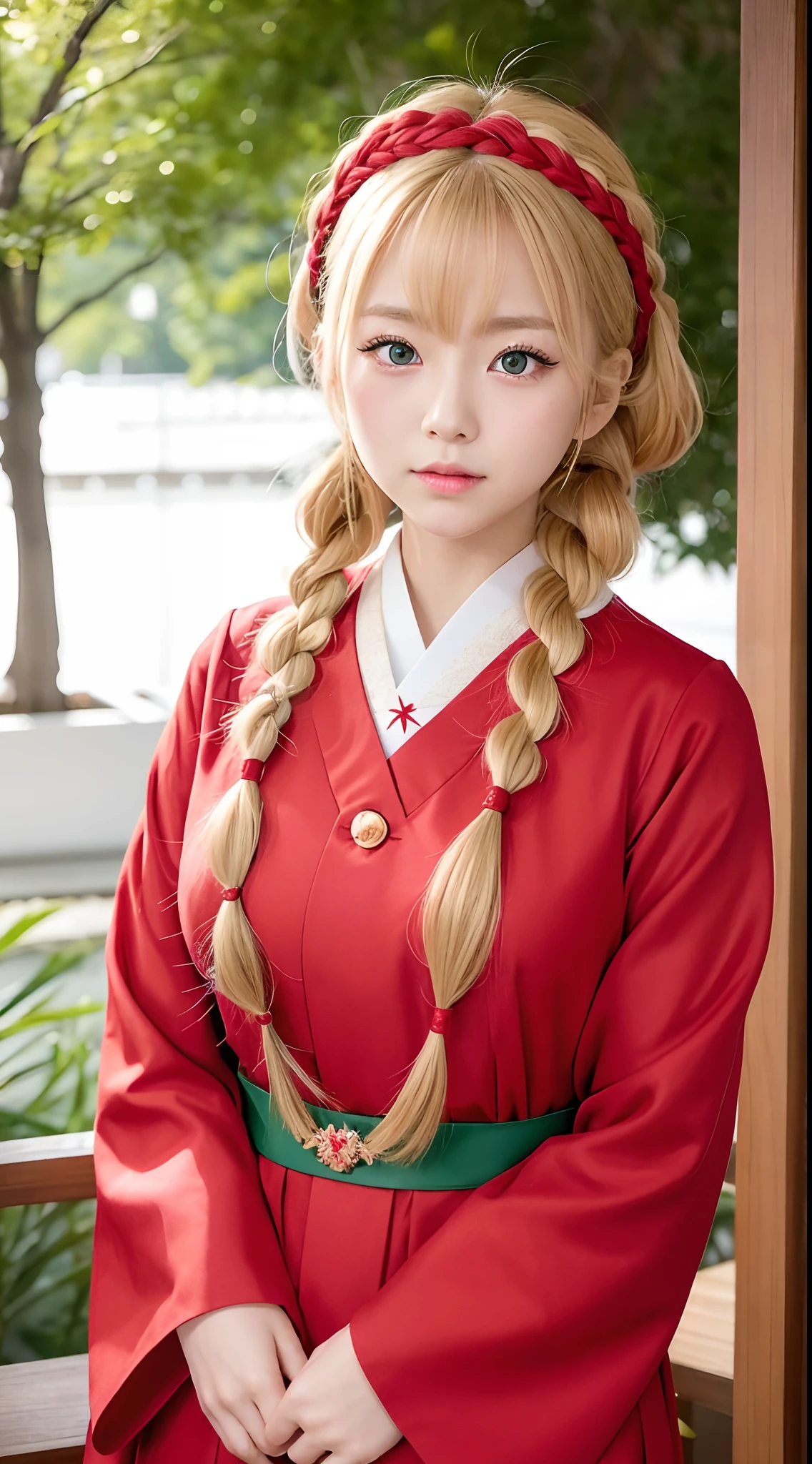 Dutch girls are very pretty。Big green eyes、Red-white kimono、Wearing flashy national costumes、Blonde braid、Wearing a lot of fancy ornaments、Royal Girl、