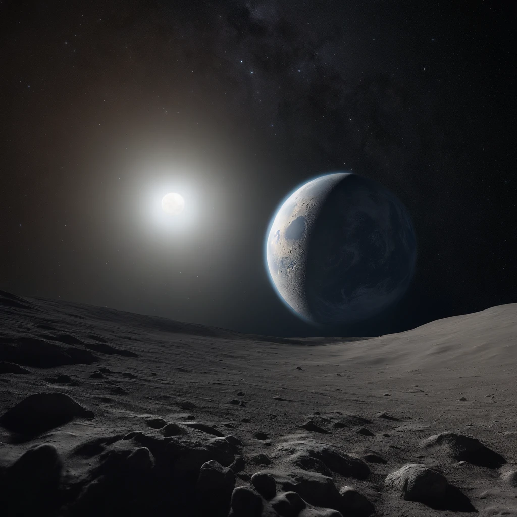 Master Parts、Superior Quality、superior image quality、The 8k quality、Beautiful pictures of the starry sky、magnifica、Arched Milky Way:1.25、Alafed view of Earth from the lunar surface:1.25, Lunar surface, space photo, on the moon, moon background, moon background, on the moon, Lunar soil, space photo, moonscape, Focus on the Moon, On Moon, Numerous craters, Seeing the Earth from the surface of the moon:1.9, big earth in the sky:1.9, Crashed and weathered spaceship、Nebulae can be seen in the distance、Andromeda