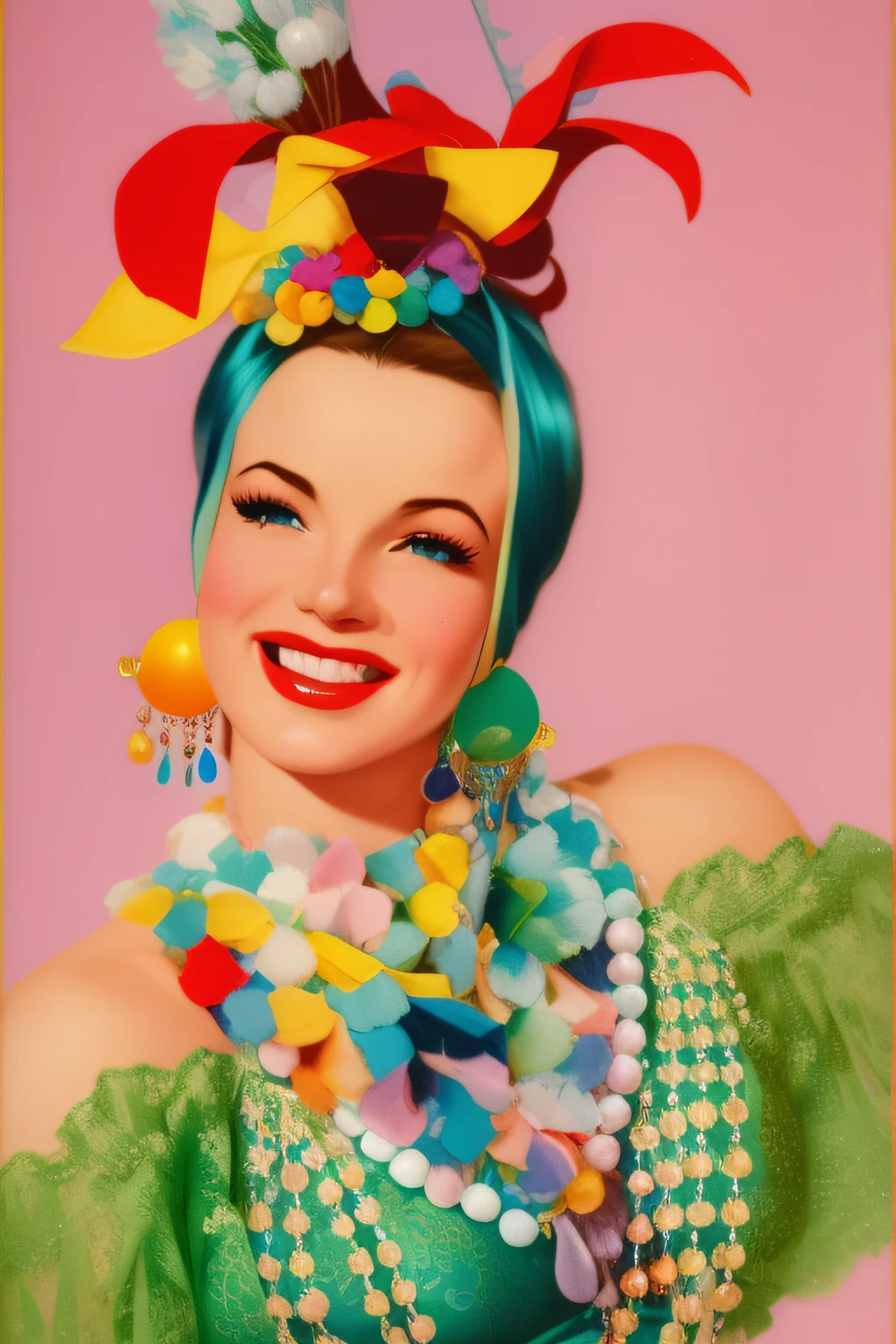 pintura de uma mulher com um cocar colorido e um colar, Estilo Gil Elvgren, ( Arte Fitzpatrick ), Gill Elvgren, pin-up poster girl, Directed by: Alberto Vargas, beautiful retro art, arte oficial, Pino Vintage, Directed by: Earle Bergey, pintura realista da mulher espanhola, Arte Pinup, usando um vestido feito de contas, inspirado em Rolf Armstrong