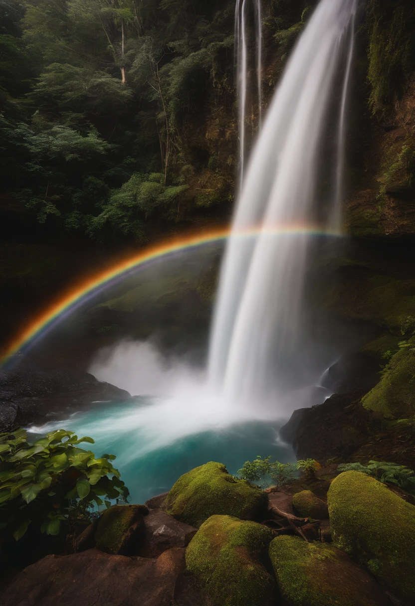 Photo of a waterfall with a rainbow flow in the middle, Rainbow River Falls, Cascading iridescent waterfalls, Bioluminescent waterfall, Nebula Falls, Shimmering iridescent water, Shining water, ethereal rainbows, magical colors and atmosphere, Galaxy Falls, magical colors and atmosphere, Alien Falls, Rainbow Pool, Beautiful spectrum of vibrancy