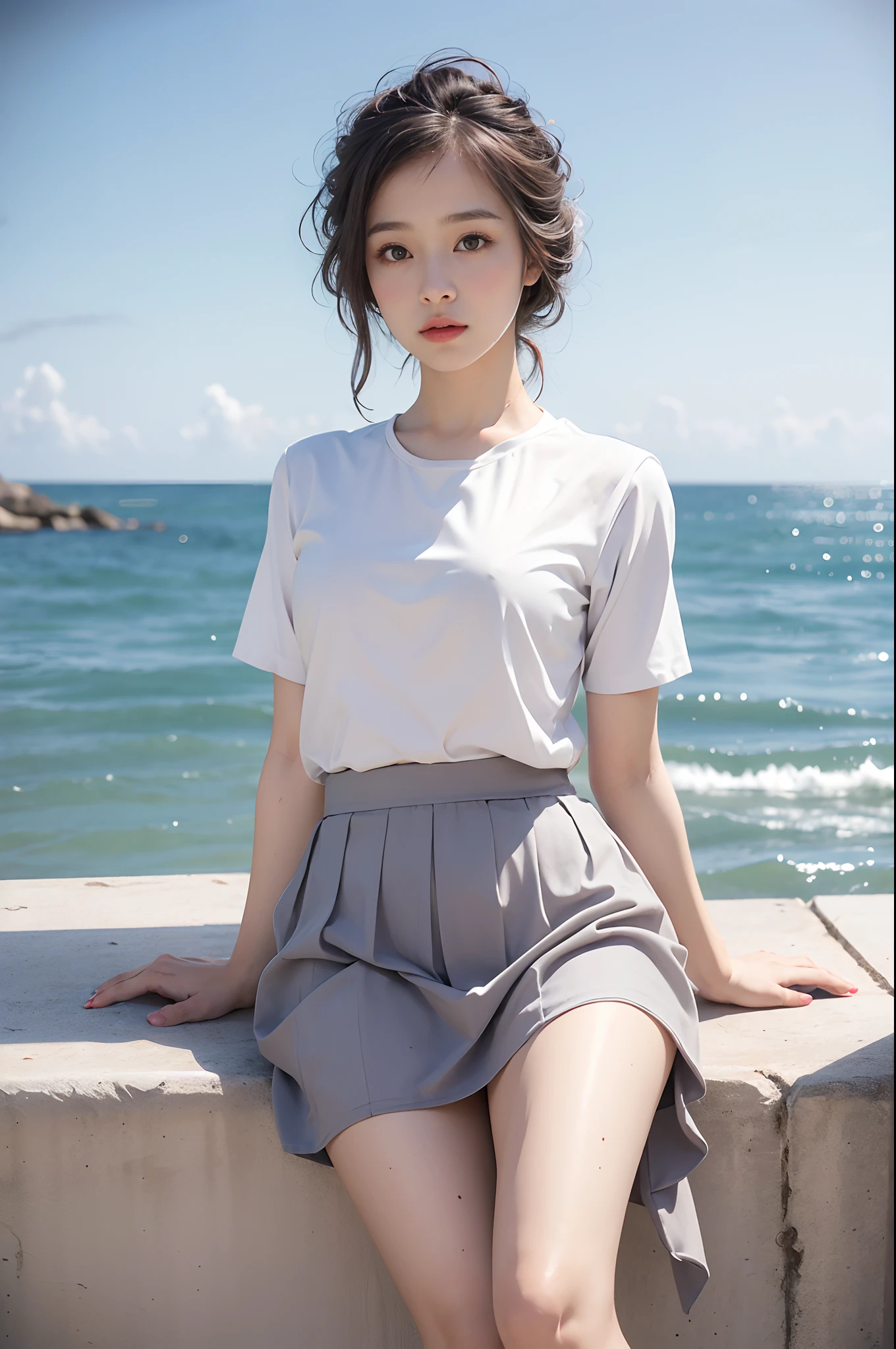 (Masterpiece, Superb work,4K 分辨率, Ultra-realistic:1.3),Girl posing for photo in white shirt and pleated skirt,(A half body:1.2),Slim body,(medium chest circumference),Slim girl model,24 years old female model,(Have by the sea:1.3),Soft light,Detailed background,Coordinated body proportions,facial closeups,well detailed face,(white shirt:1.2),(pleatedskirt:1.2),
