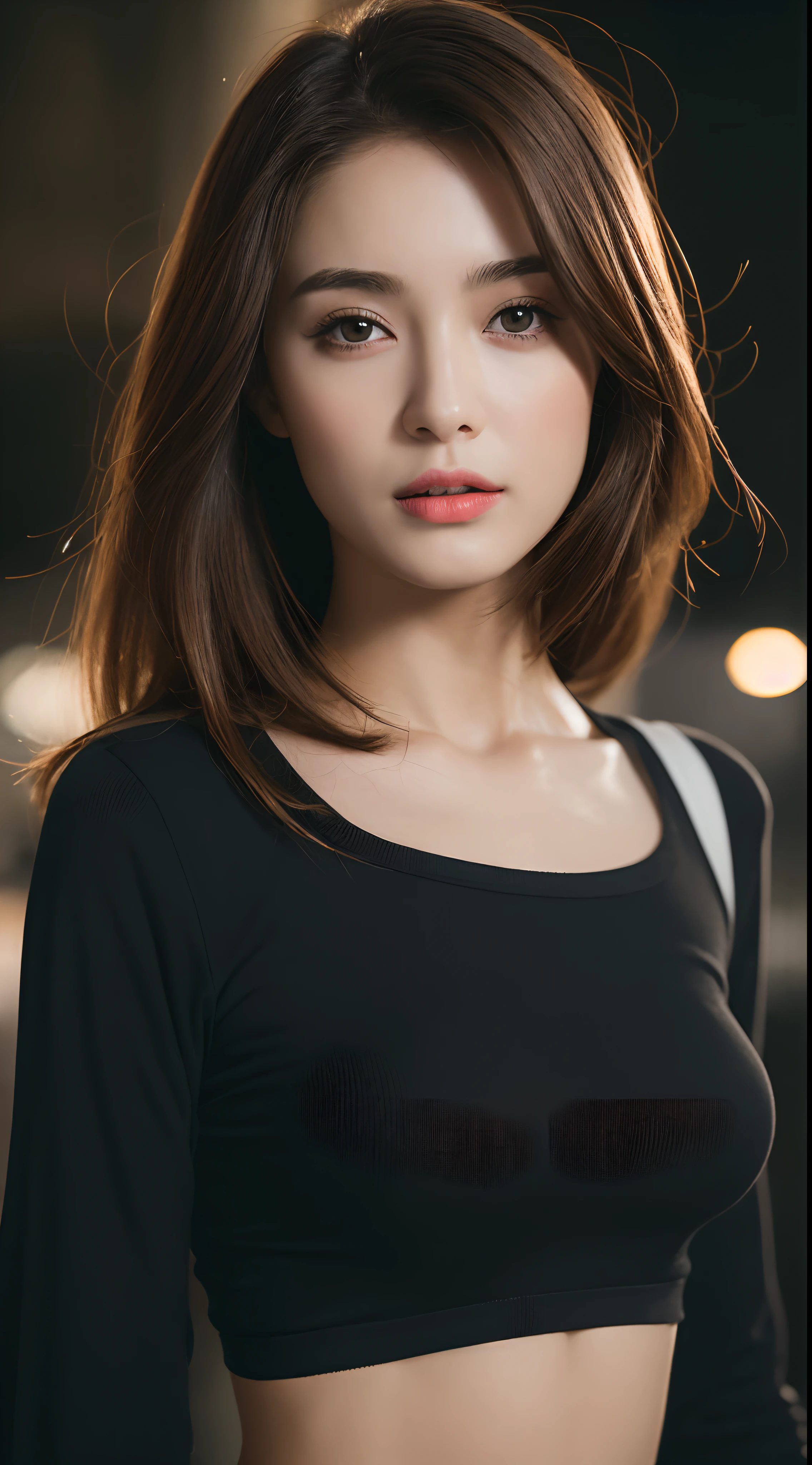 ((Realistic lighting, Best quality, 8K, Masterpiece: 1.3)), Clear focus: 1.2, 1girl, Perfect Figure: 1.4, Slim Abs: 1.1, ((Dark brown hair)), (White crop top: 1.4), (Outdoor, Night: 1.1), City streets, Super fine face, Fine eyes, Double eyelids,