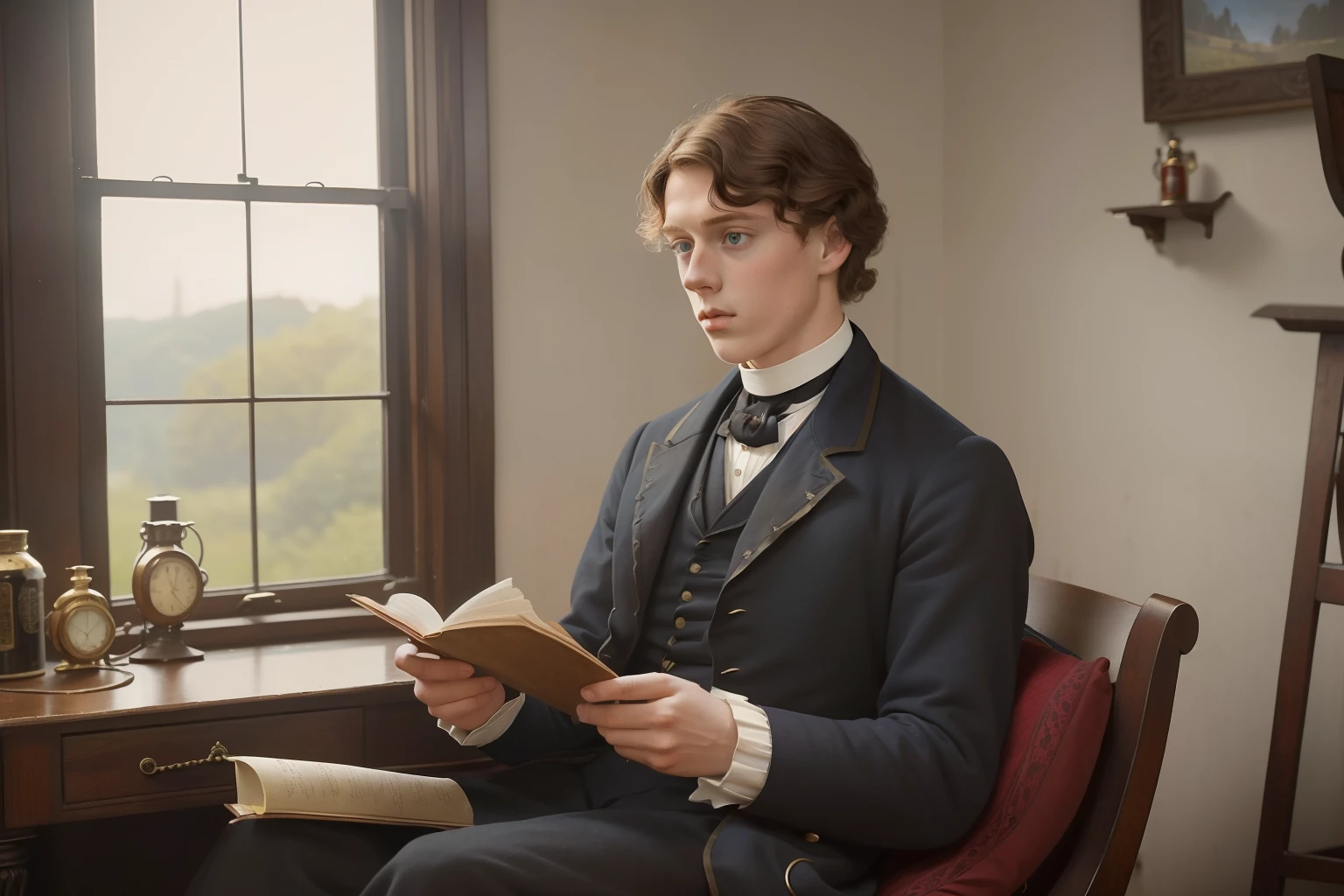 year: 1864. Location: Rock Island, Illinois. Pre-Raphaelite scene with a 21-year-old George MacKay, reading a secret diary, ((((Clothing from the 1860s)))) ((Hairstyle of the 1860s)), ((("OMITB" colorful cinematography)))